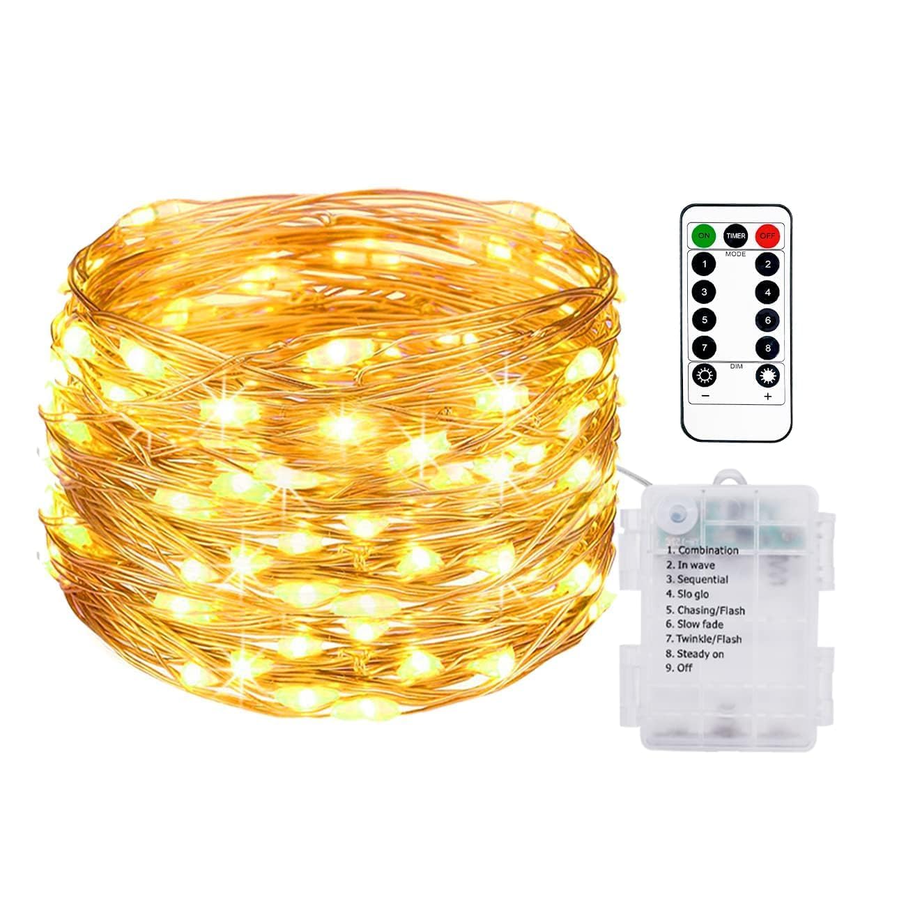 10M/33FT Fairy Lights Battery Operated with Remote, 100LED String Lights Battery Powered Outdoor Indoor IP65 Waterproof, 8 Modes Copper Wire Twinkle Lights for Bedroom Christmas Decor-Warm White