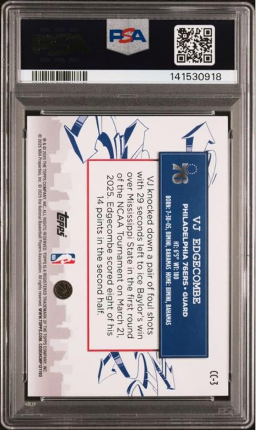 Graded 2025 Topps VJ Edgecombe #CC3 Clutch City Prospects Rookie RC Basketball Card PSA 10 Gem Mint