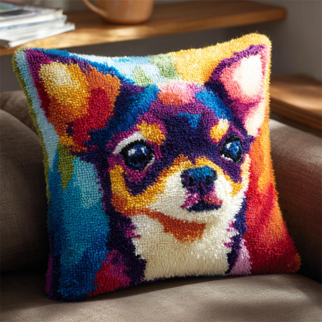 Kitquiver Animal Latch Hook Pillow Kit Colorful Dog Latch Hook Kit Pillow DIY Rug Crochet Hook Cushion Making Kits with Preprinted Pattern Canvas 17x17In