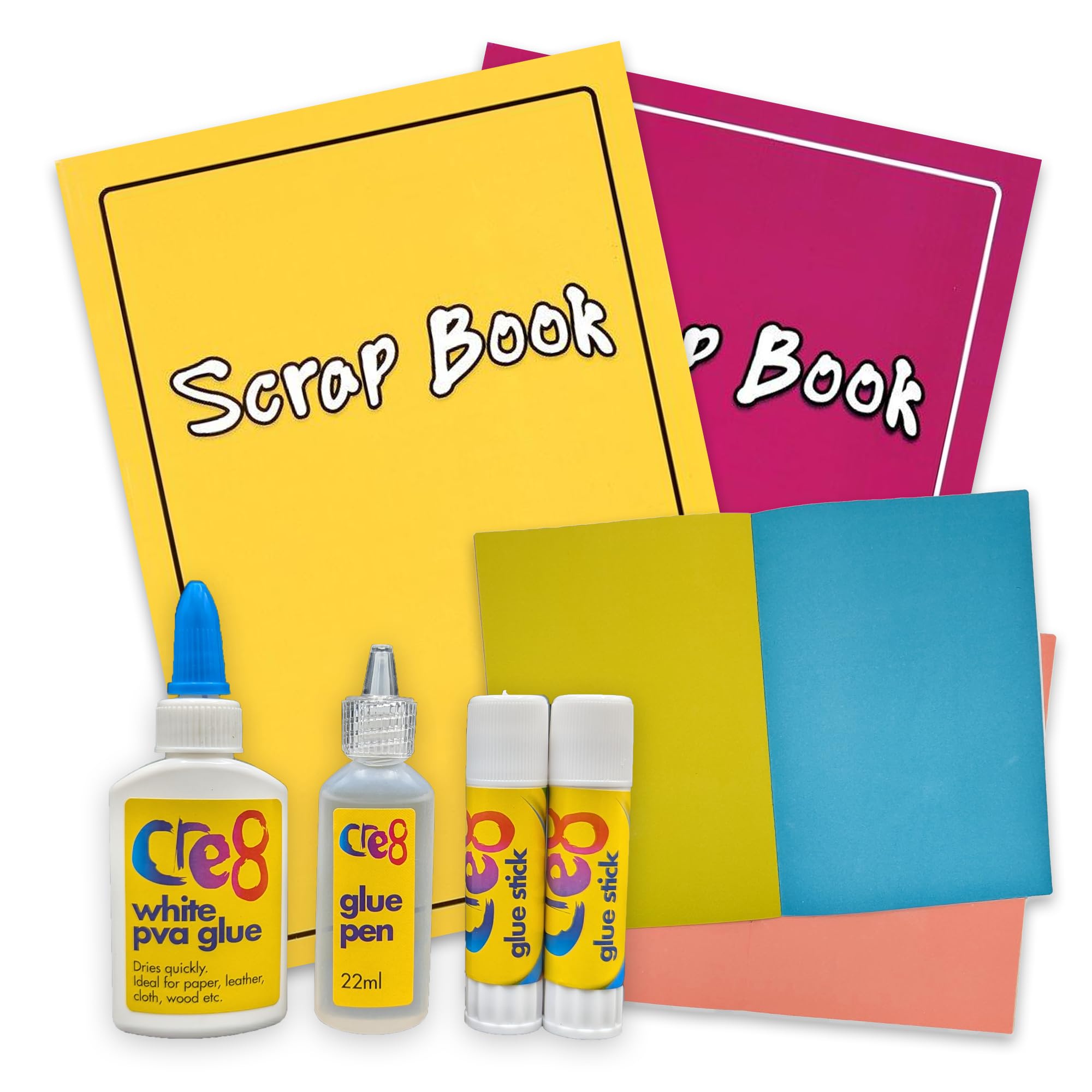 ihoot Scrapbook Accessories Bundle - Scrapbooking Supplies for Adults and Kids, Arts and Crafts Sketch Book for Kids Junk Journal Supplies - 2X Coloured Paper Large Scrapbooks Plus Set of 4 Glues