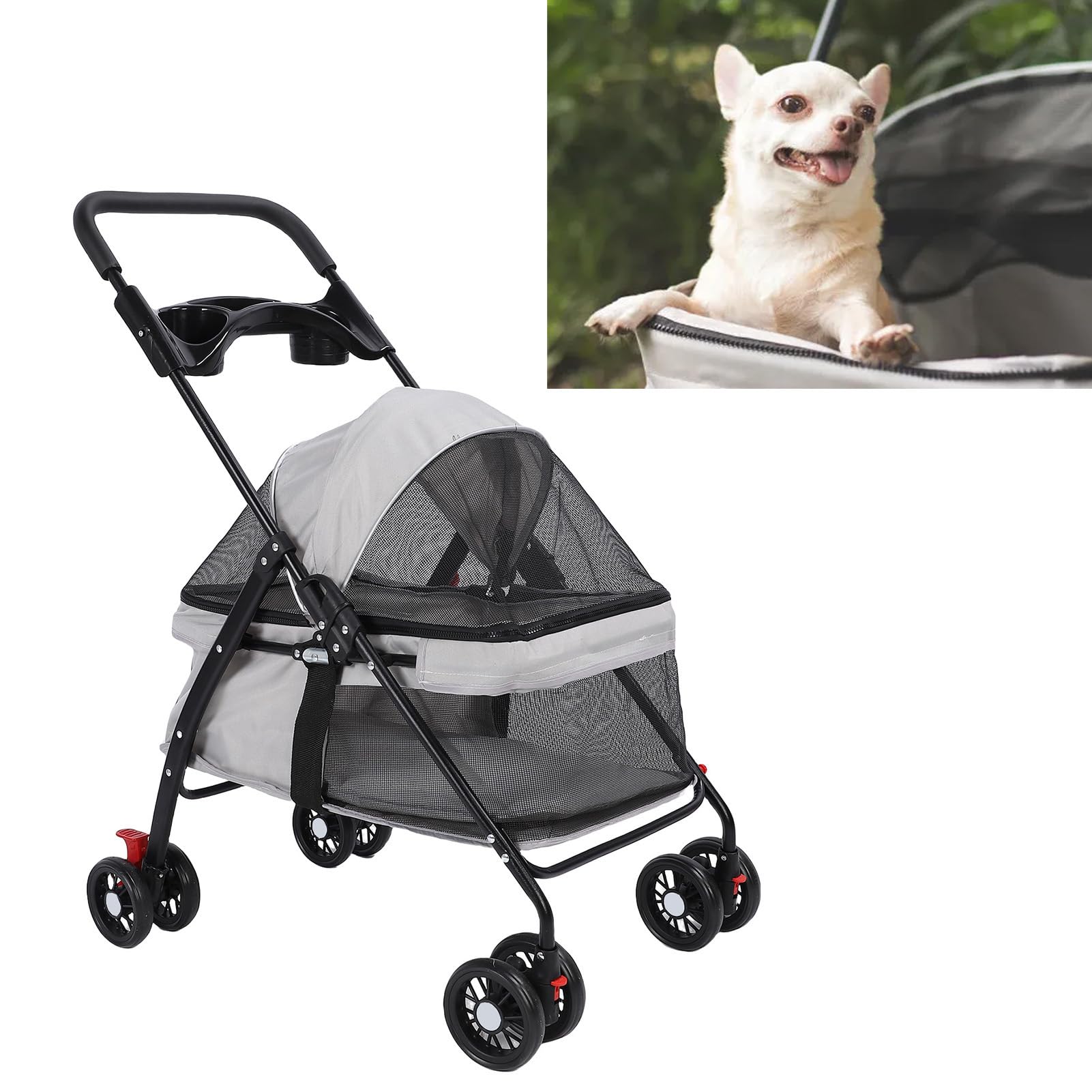 Carrito para Perro Plegable Transpirable con Cesta de Almacenamiento, Portavasos, Ideal Mascotas Medianas y Pequeñas (Mismo Diseño)