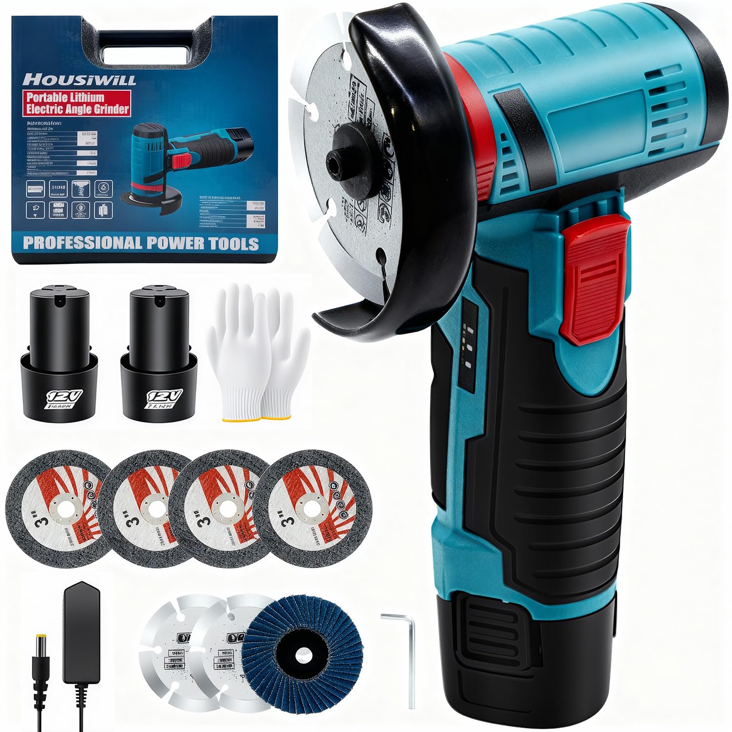 Battery Mini Angle Grinder, 76mm Cordless Angle Grinder, 19500rpm, Professional Electric Sander, Flex Battery, 2 Batteries, 7 Discs, Suitable for Cutting and Polishing