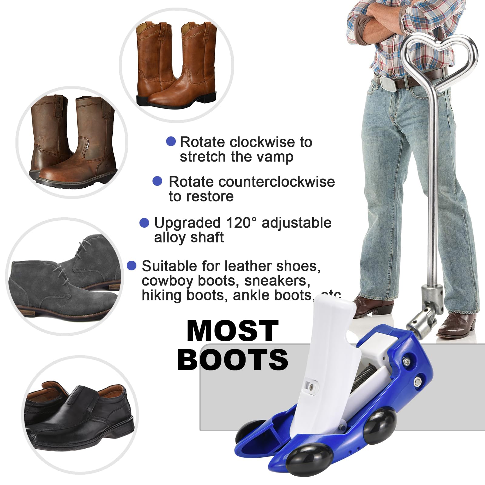 Civières de chaussures pour hommes femmes mollets, bottes de veau réglables largeur de botte de cow-boy et hauteur du cou-de-pied pour pieds larges et épais,Bleu,Men's Size Uk 7~12