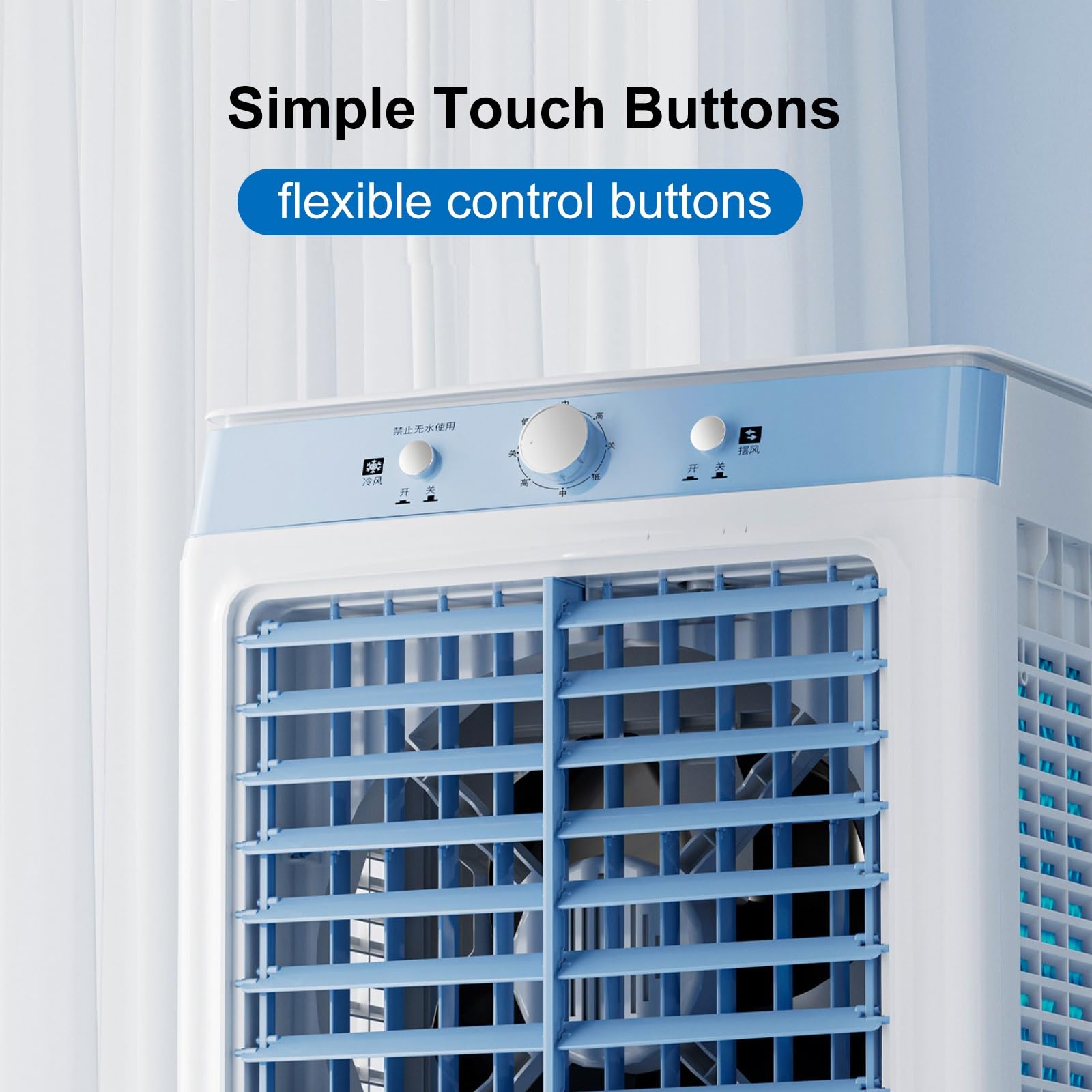 Enfriador de Aire Evaporativo Climatizador Portátil Gran Tanque de Agua | Cuerpo de Plástico, 220W, Doble Tanque de Agua, 4 Cajas de Hielo, 4 Ruedas Giratorias, Azul