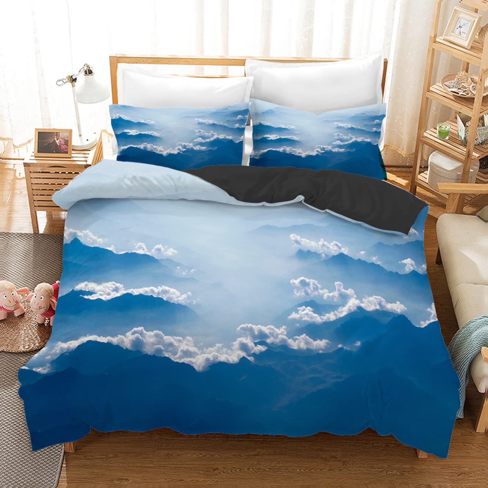 Parure de lit 90x190 enfant nuages blancs et bleus en microfibre douce avec taie d'oreiller 65x65