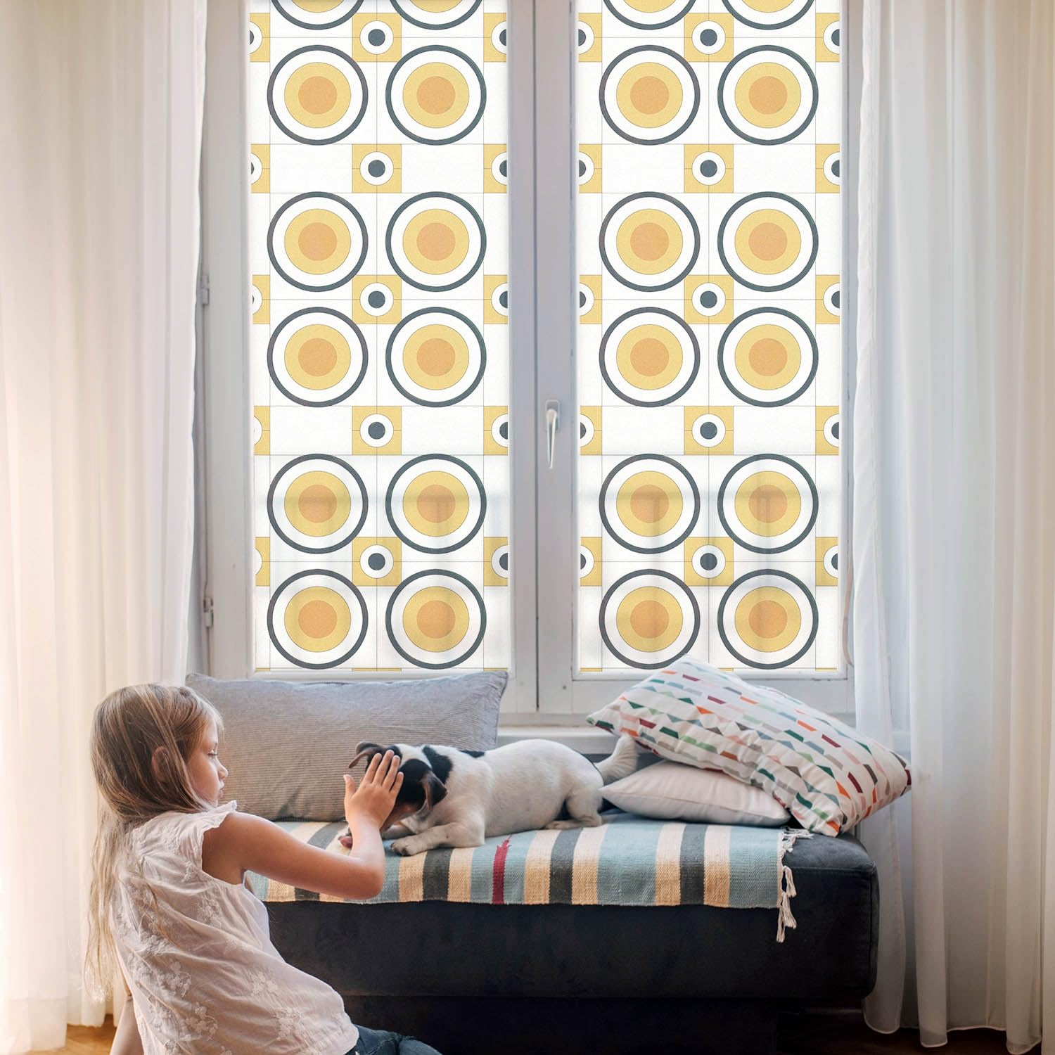 Klebefolie 200x146 cm Selbstklebend Milchglas Dekorfolie Dekorativ Sichtschutz Fenster Folie für Badezimmer Schlafzimmer Büro Küche PVC Blickdicht - Retro-Kreise