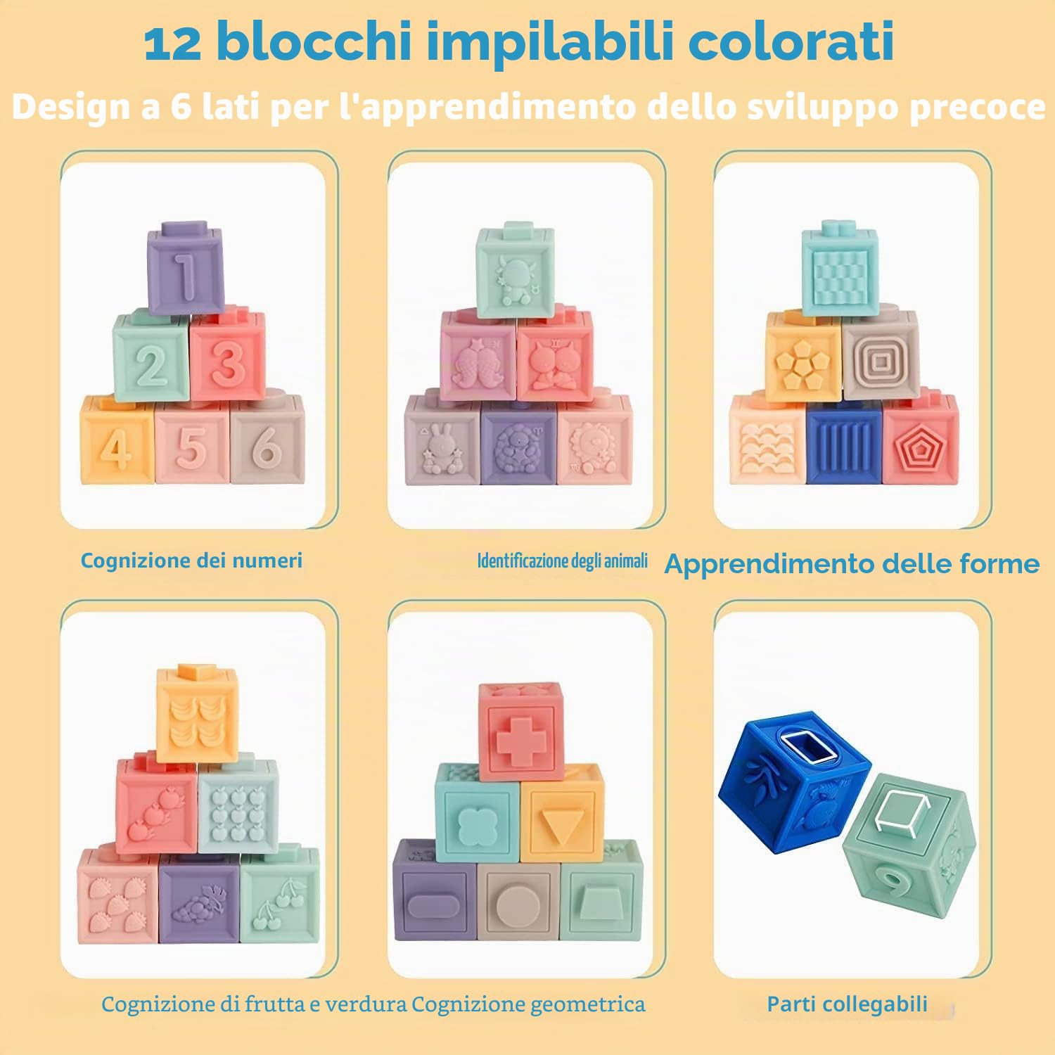 Giochi Neonato 6 Mesi, Giochi Montessori 1 Anno Sensoriale, Teether Giocattoli sensoriali Montessori educativi morbidi da impilare, Regali per Bambini da 6 9 12 Mesi