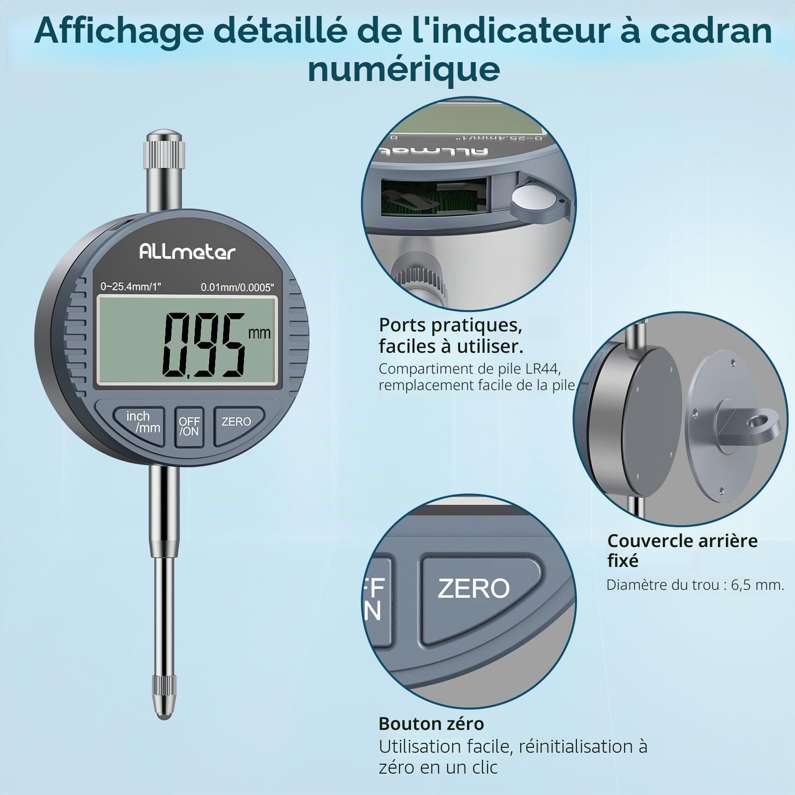 DTI Comparateur de précision Plage 0-25.4mm Résolution 0.01mm, Indicateurs à cadran numérique avec Couvercle arrière Écran LCD Pour réglage de la scie à table, Imprimante 3D