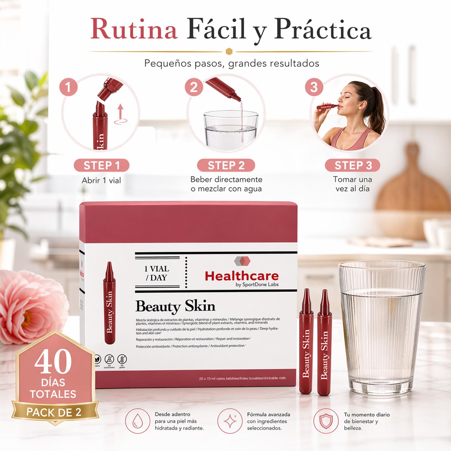 Complemento Alimenticio Piel Radiante – Hidratación, Ácido Hialurónico, Aloe Vera, Hibisco y Coenzima Q10 – 2 Packs de 20 Viales Bebibles de 10ml para Piel Más Firme, Hidratada y Luminoso (40 x 10ml)