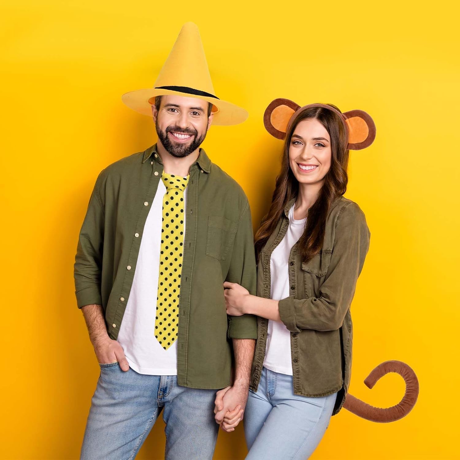 3 Pcs Halloween Monkey Friend Costume Include Yellow Felt Hat,Dots Tie and Belt for Men Women Cartoon Character Dress Up - Image 5