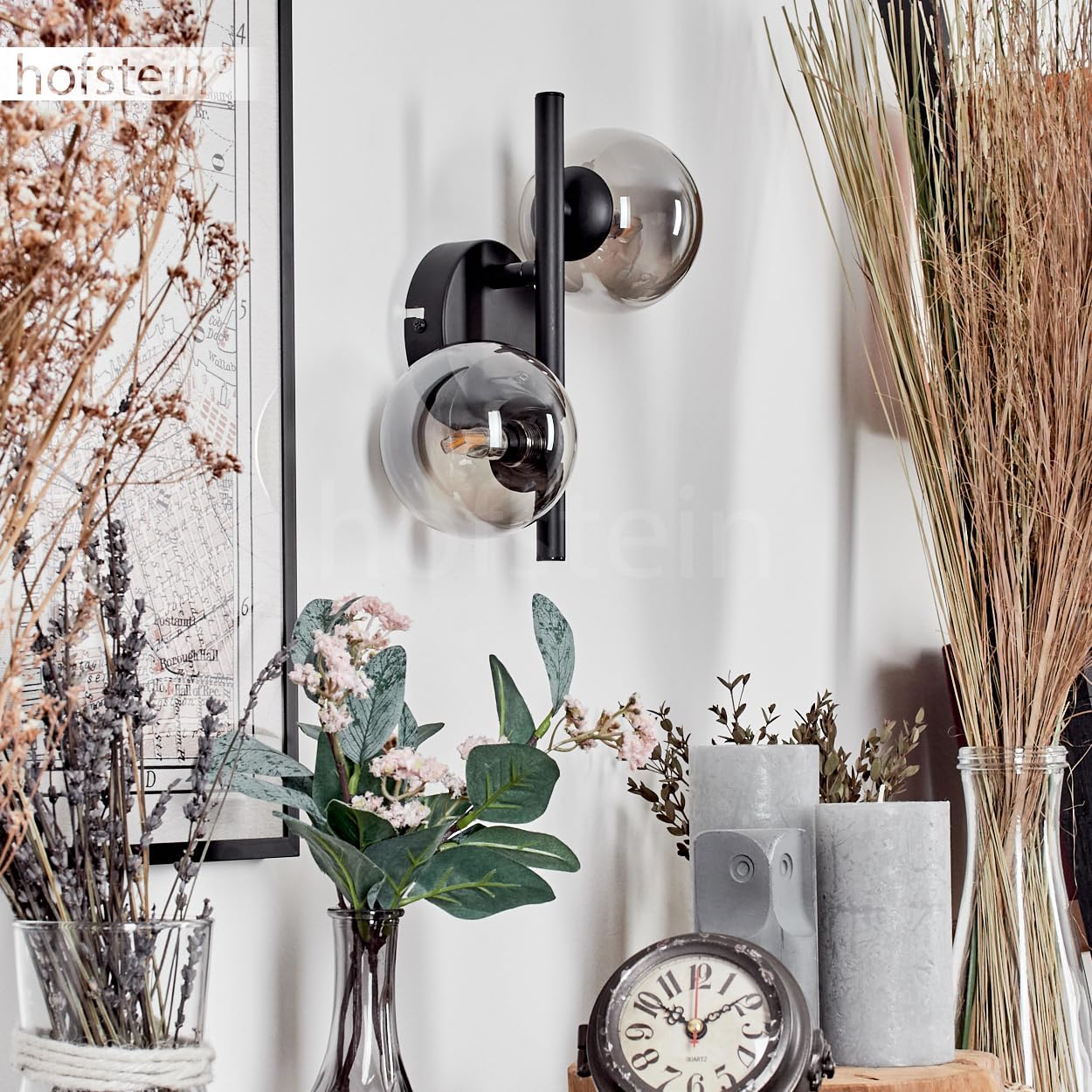Wandleuchte Chehalis, Wandlampe aus Metall/Glas in Schwarz/Rauchfarben, Leuchte im Retro/Vintage-Design mit Schirmen aus Glas (Ø 10 cm) u. An/-Auschalter am Gehäuse, 2 x G9, ohne Leuchtmittel