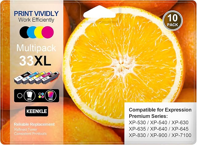 KEENKLE 10-Colours Pack, 33XL Premium Ink Cartridges, BK/PB/C/M/Y Multipack High Yield Compatible for Epson 33 XL for Printer XP-530 XP-540 XP-630 XP-635 XP-640 XP-645 XP-830 XP-900 XP-7100