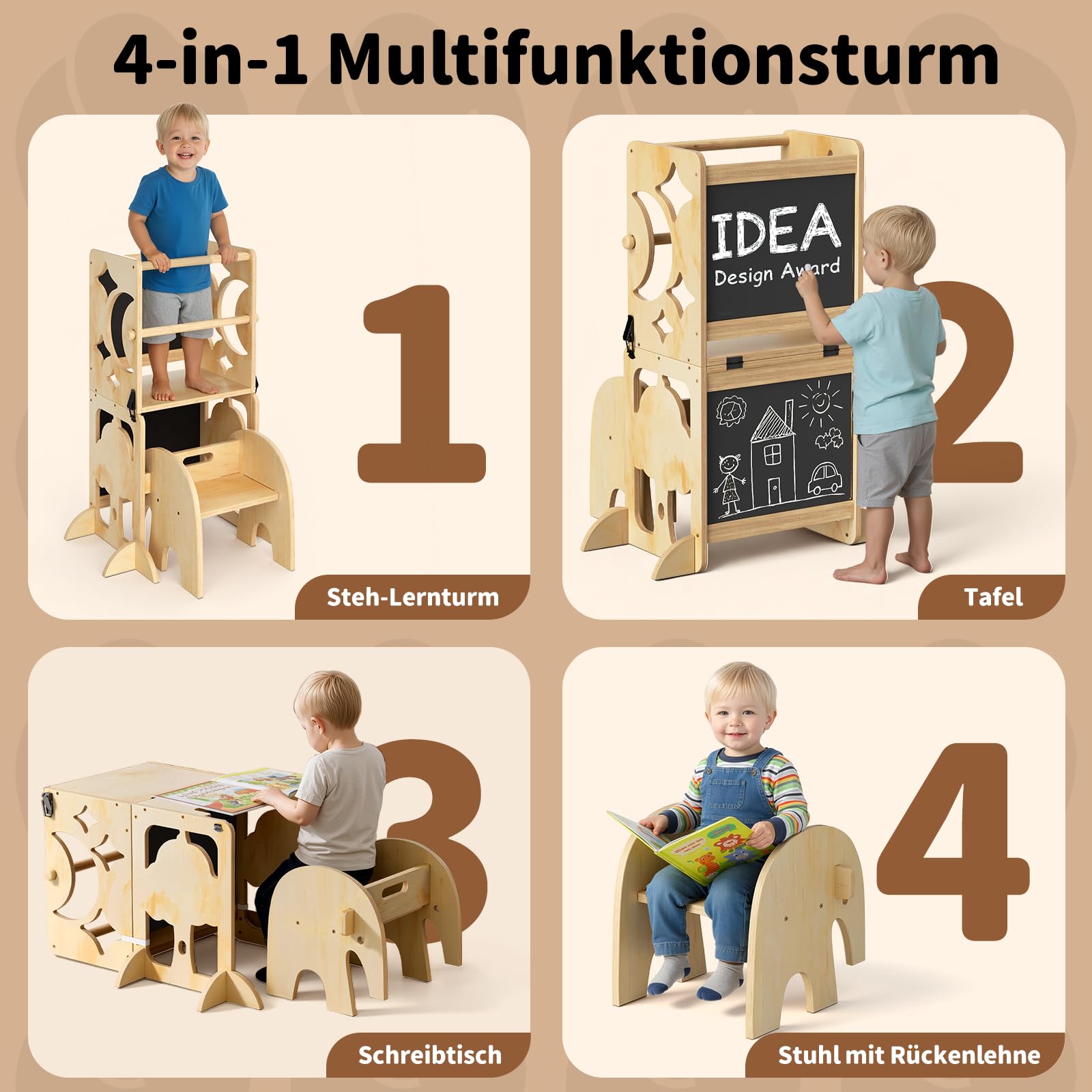COSYLAND Lernturm ab 1 Jahr, klappbar – 4in1 Lernturm Kinder mit Doppeltafel, Stehhilfe & Schreibtisch mit Stuhl, Elefanten-Hocker als Tritthocker, Natur