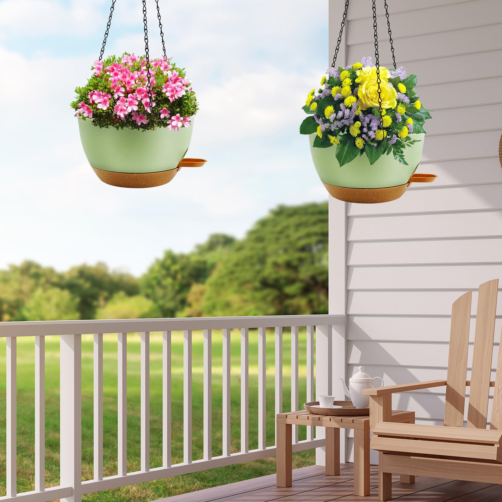 Lot de 2 pots de fleurs suspendus pour plantes d'intérieur, pots de fleurs à arrosage automatique avec chaîne et trous de drainage, paniers suspendus en plastique pour jardin et décoration d'intérieur