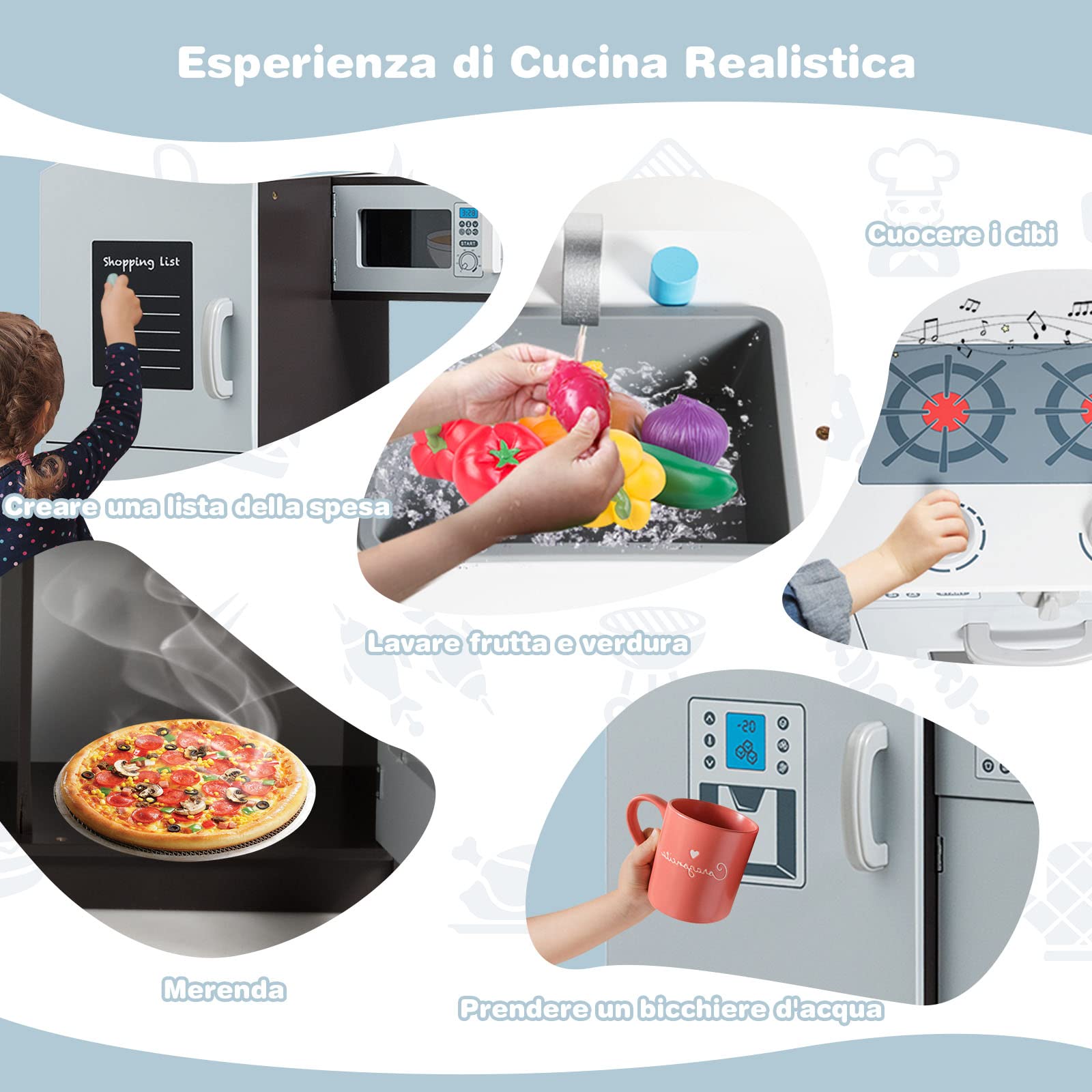 COSTWAY Cucina Giocattolo per Bambini con Frigorifero, Distributore d'acqua, Lavatrice, Forno, Microonde, Lavello e Rubinetto, Funzione Luci e Suoni, 3+ Anni