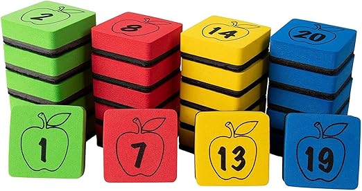 24 Pack Square Magnetic Mini Dry Erase Board Erasers for Teachers, Classroom Whiteboard, Bulk School Supplies, 4 Color Numbered Apple, 2x0.8 in