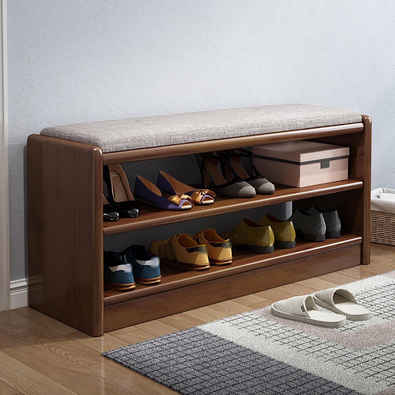 Banco Zapatero Entrada Recibidor Hecho de Madera Maciza Estable y Portadora con Cojín 2 Estantes Abiertos para Entrada, Pasillo, Baño(Brown,103 * 35 * 45cm)