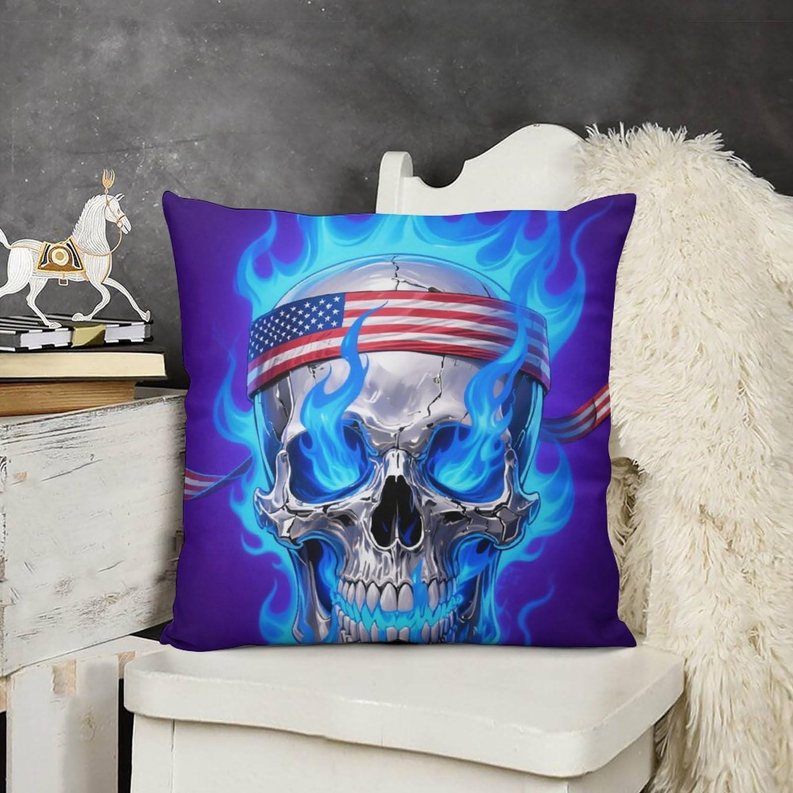 FodPand Boho Farmhouse Fire USA Flag Skull Pillow Covers with Hidden Zipper 12x12 Soft Plush Cushion Cover Decorative Throw Pillow Cases for Couch Bed Sofa Living Room Indoor Outdoor Home Decor