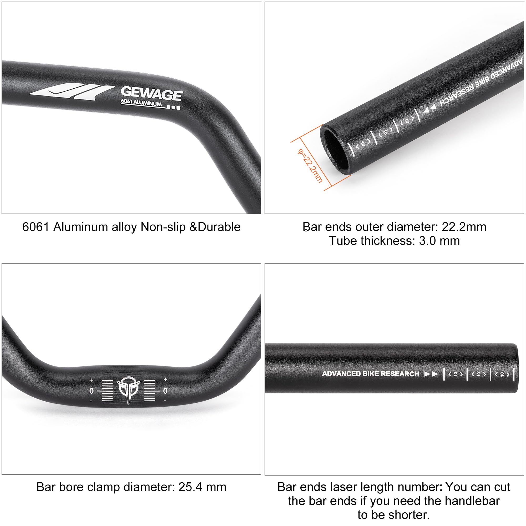 Guidon de vélo 25,4 pouces - 30 mm, 50 mm, 70 mm, 90 mm, 120 mm - Guidon de vélo en alliage d'aluminium de 620 mm (montée de 90 mm)