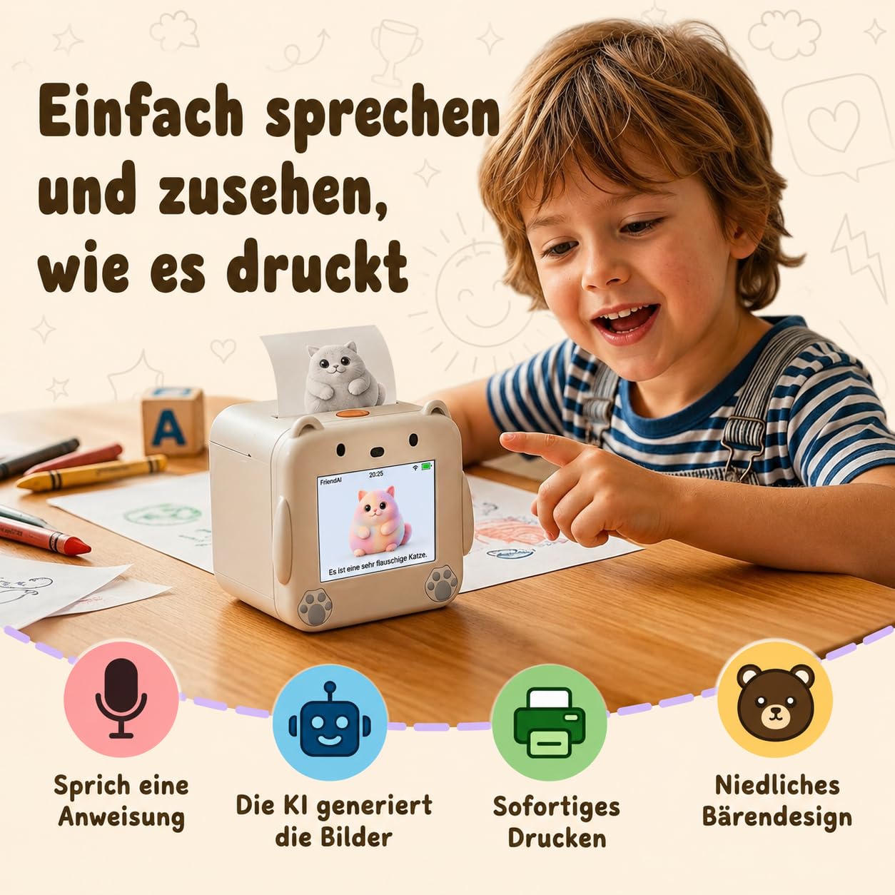 MMOBIEL KI Voice Sticker Drucker für Kinder Tintenloser Sticker Printer im Bären-Design mit App, Sprachsteuerung, 20 Sprachen & 6 Zeichenstile – Printer für Fotos, Notizen, Etiketten & DIY