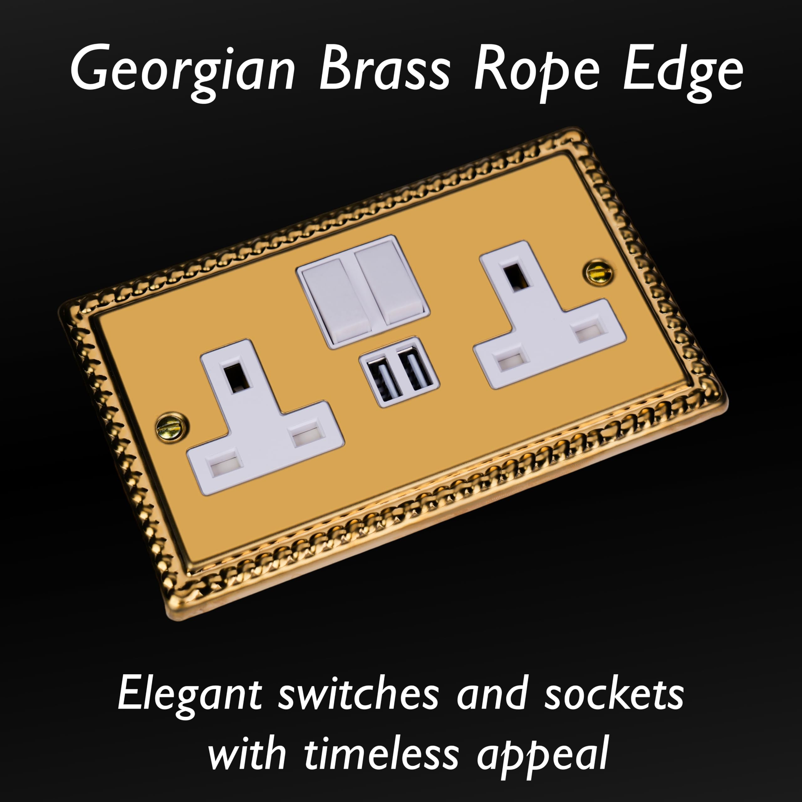 Varilight Double Switched Socket With USB Charging - Classic Georgian Brass With White Insert - Image 3