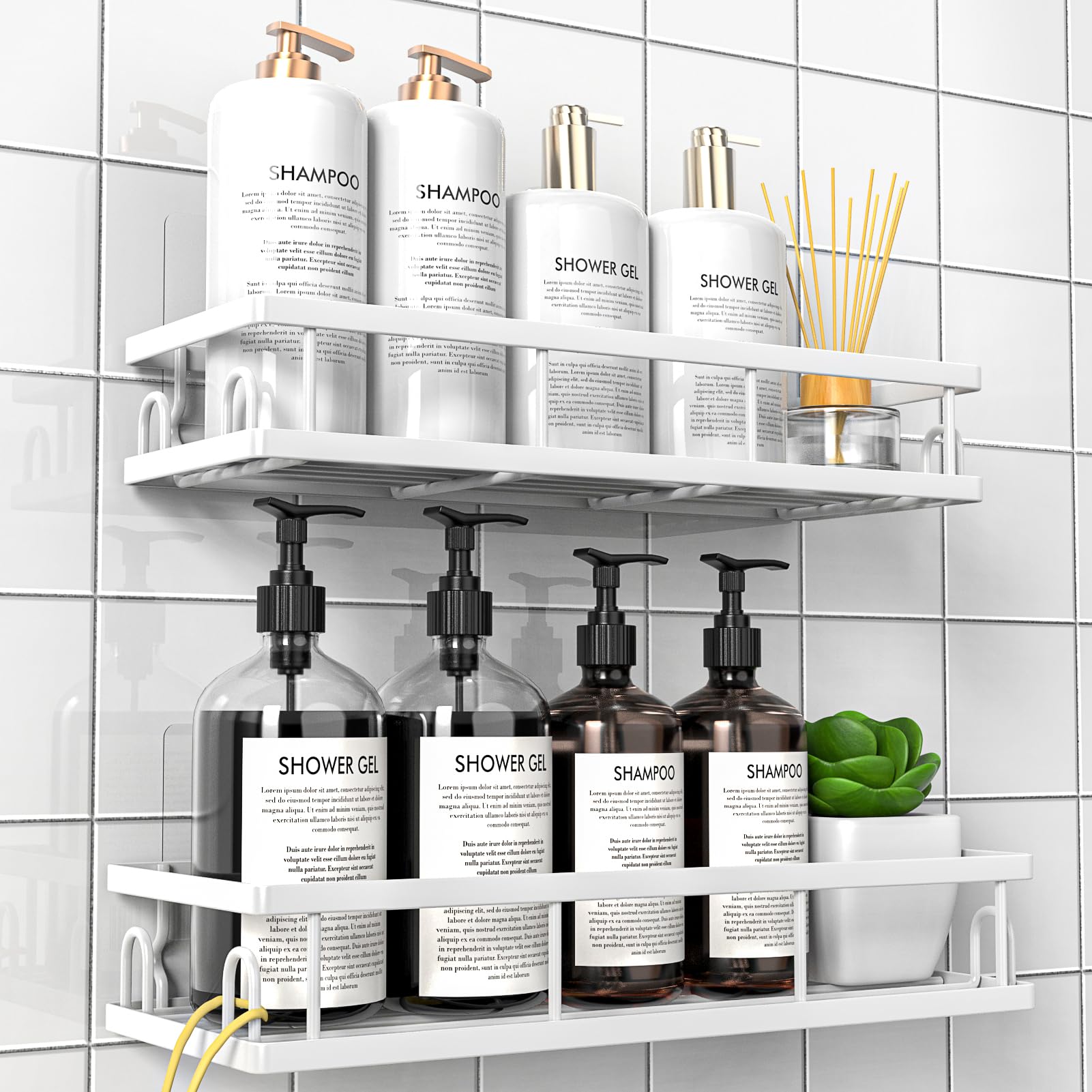 Estanteria Baño, Resistente al Agua y al Oxido, Estanteria Ducha sin Taladro, Organizador Baño para Champú y Gel de Baño (Blanco- 2 Piezas)