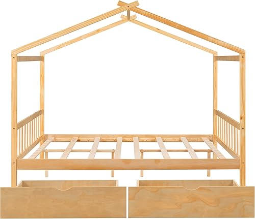 Miniatura 9 de Harper & Bright Designs Cama de casa de tamaño matrimonial para niños, marco de plataforma de madera Montessori con 2 cajones de almacenamiento,
