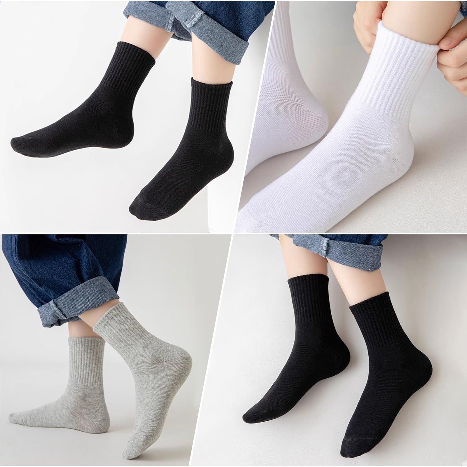 KOOOGEAR Calcetines de algodón para niños y niñas, calcetines deportivos lisos para el regreso a clases, color blanco, negro, gris, transpirable, de algodón, para la escuela, de 3 a 12 años