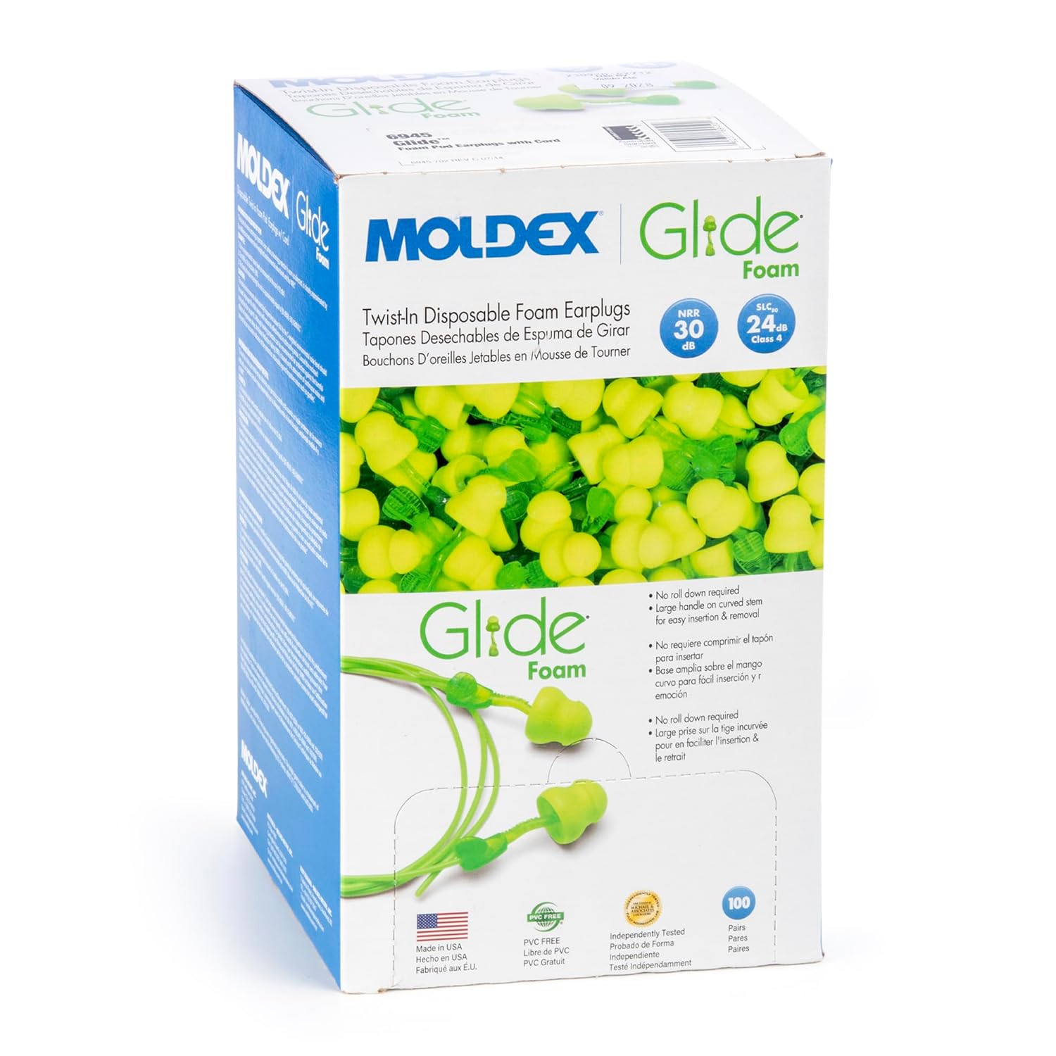 Moldex Glide Corded Foam Earplugs – Comfortable Twist-In No Roll-Down Disposable Ear Plugs for Hearing Protection, NRR 30dB Noise Reduction, 100 Pairs Individually Wrapped, 6945
