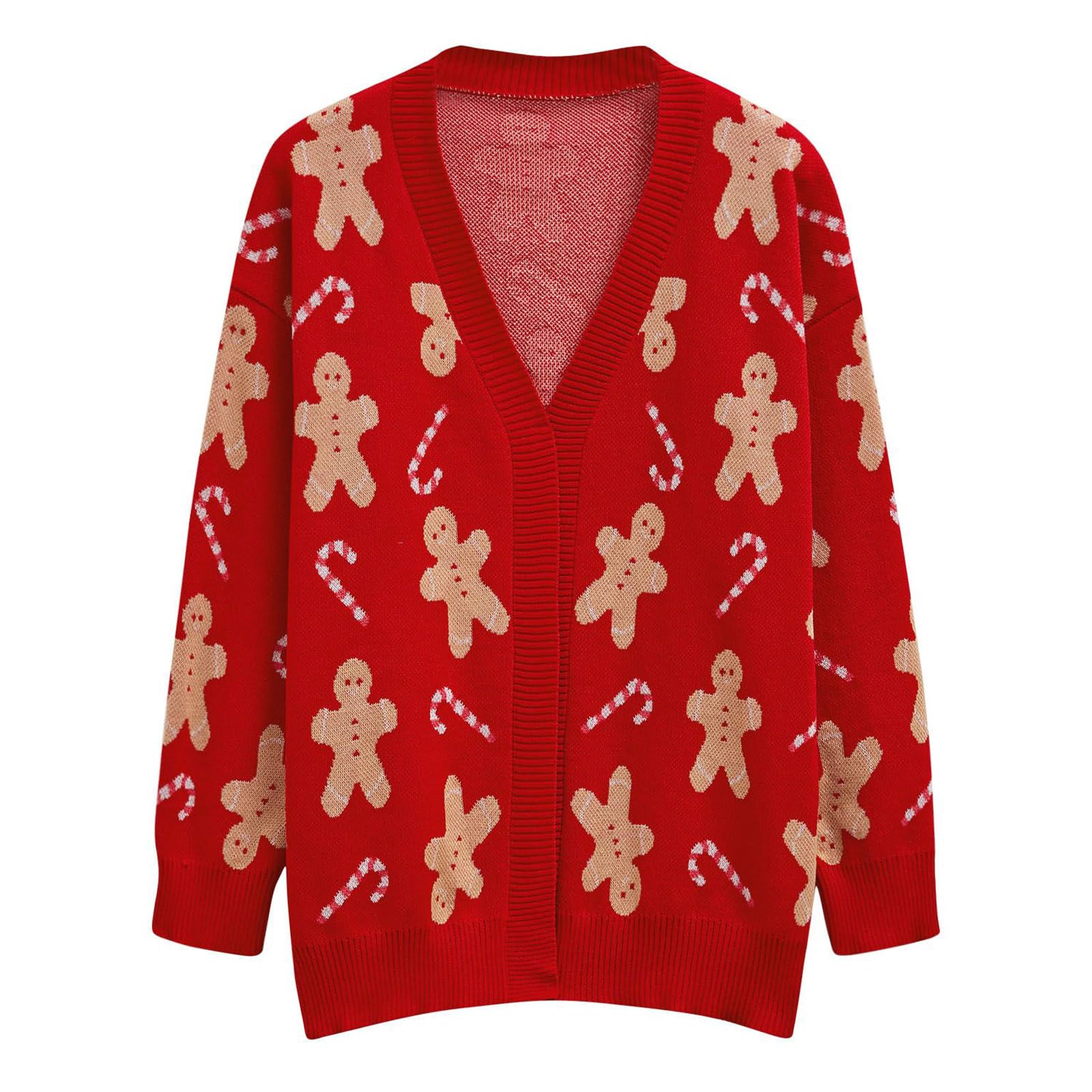 CHICWISH Women Christmas Cardigan Gingerbread Man Print Open Front Knit Sweaters V Neck Long Sleeve Cropped Coats