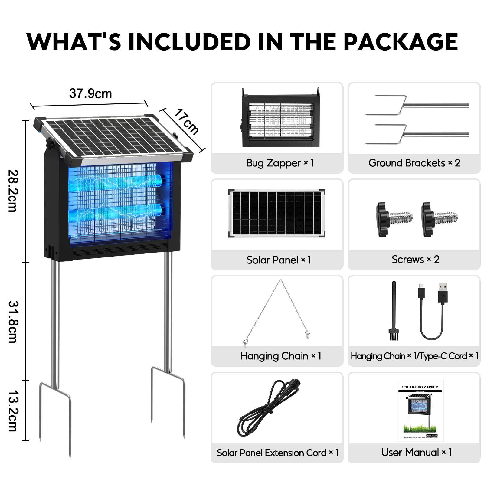 Solar Bug Zapper Outdoor Mückenvernichter Lampe 4500V, IPX5 Wasserdicht, USB-C Wiederaufladbar, 4000mAh Akku, Kabellos mit Erdspieß für Garten, Rasen, Terrasse, Camping