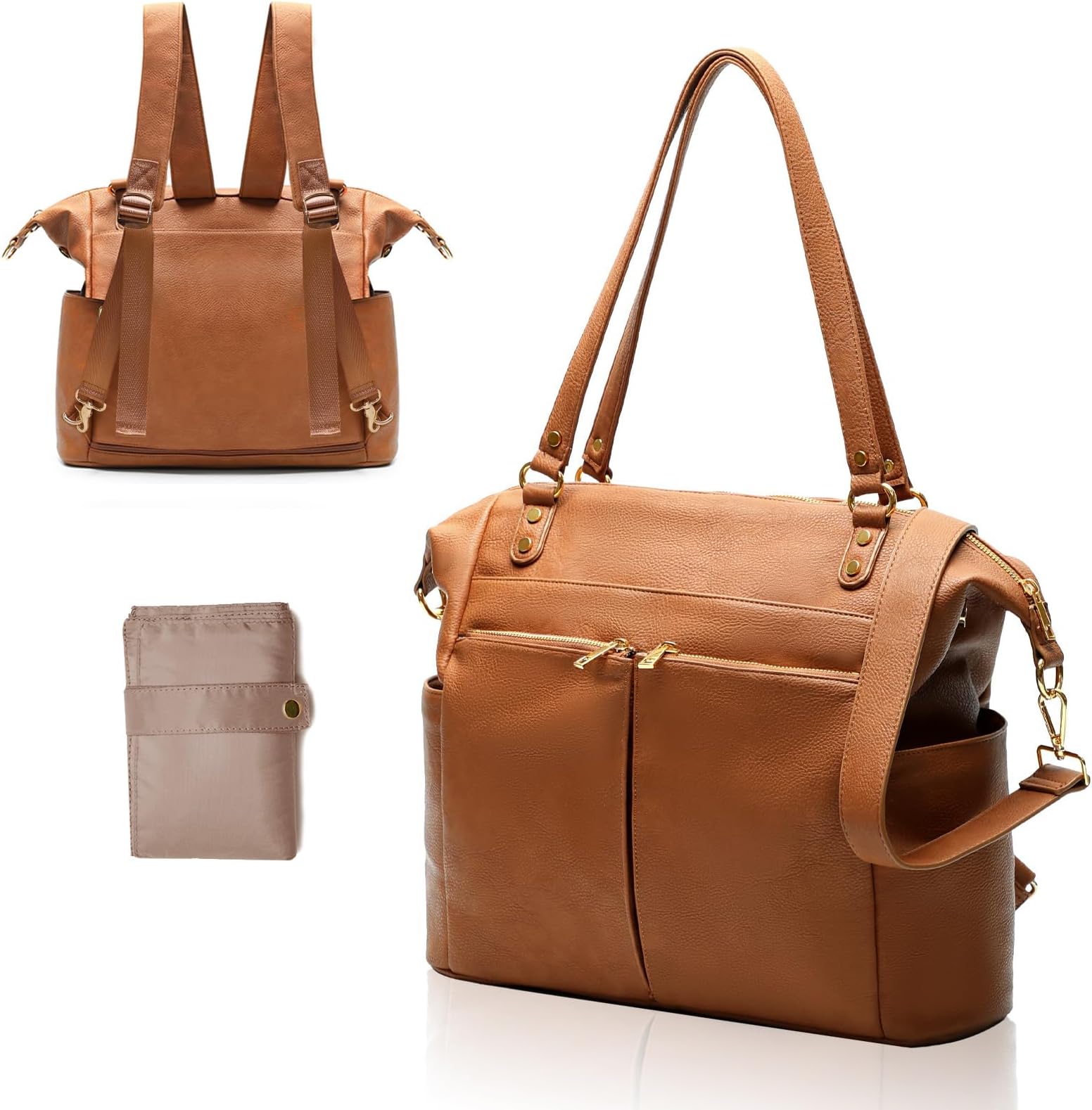 MOMINSIDE Diaper Bag Tote, 4 in 1 Leather Diaper Bag Backpack with 13 Pockets, Convertible Baby Bag for Boys Girls,Diaper Bags Baby Registry, Changing Pad, 4 Large Insulated Pockets(Brown)