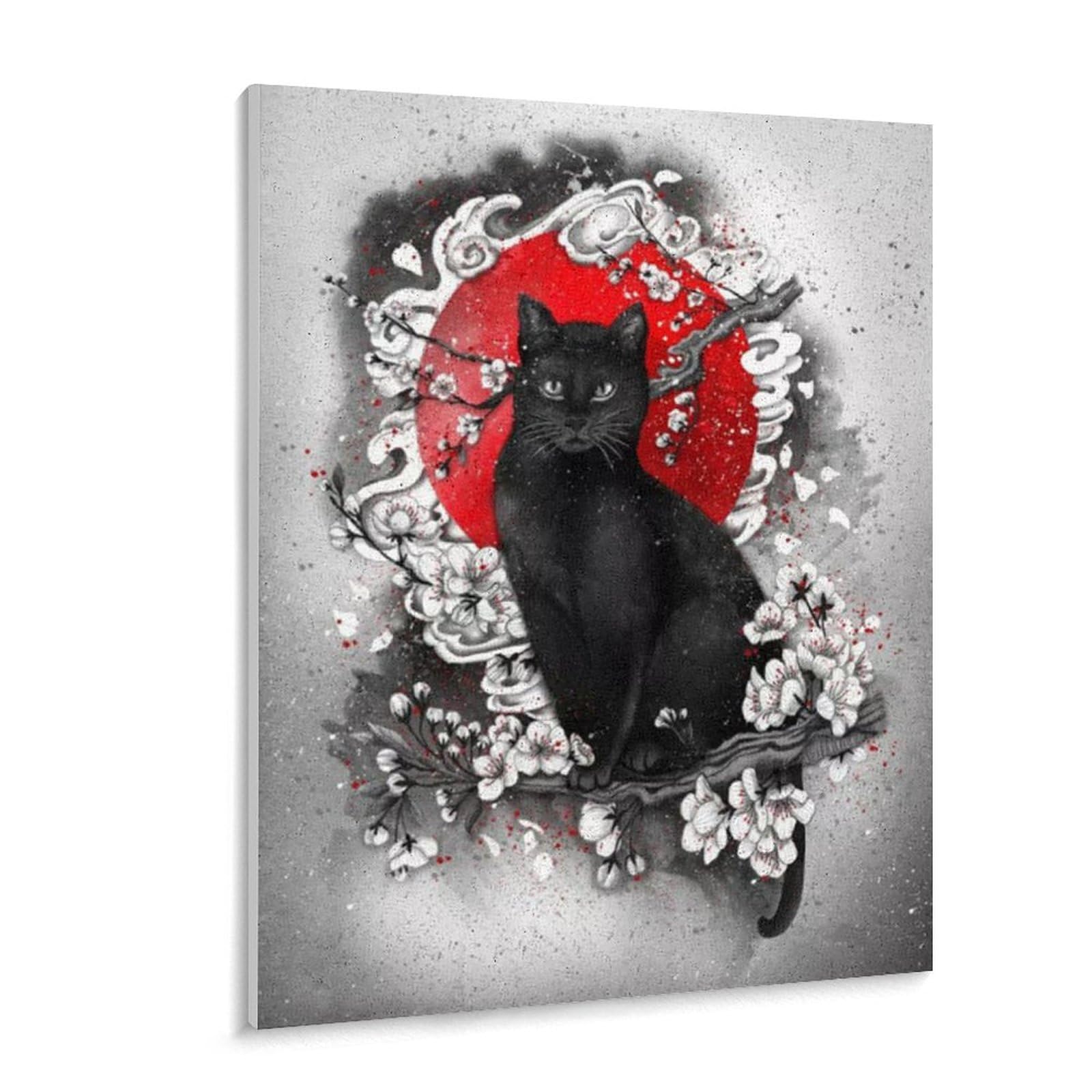 Amazon | 桜の木に座る猫赤い太陽 数字油絵 白黒イラスト風日本