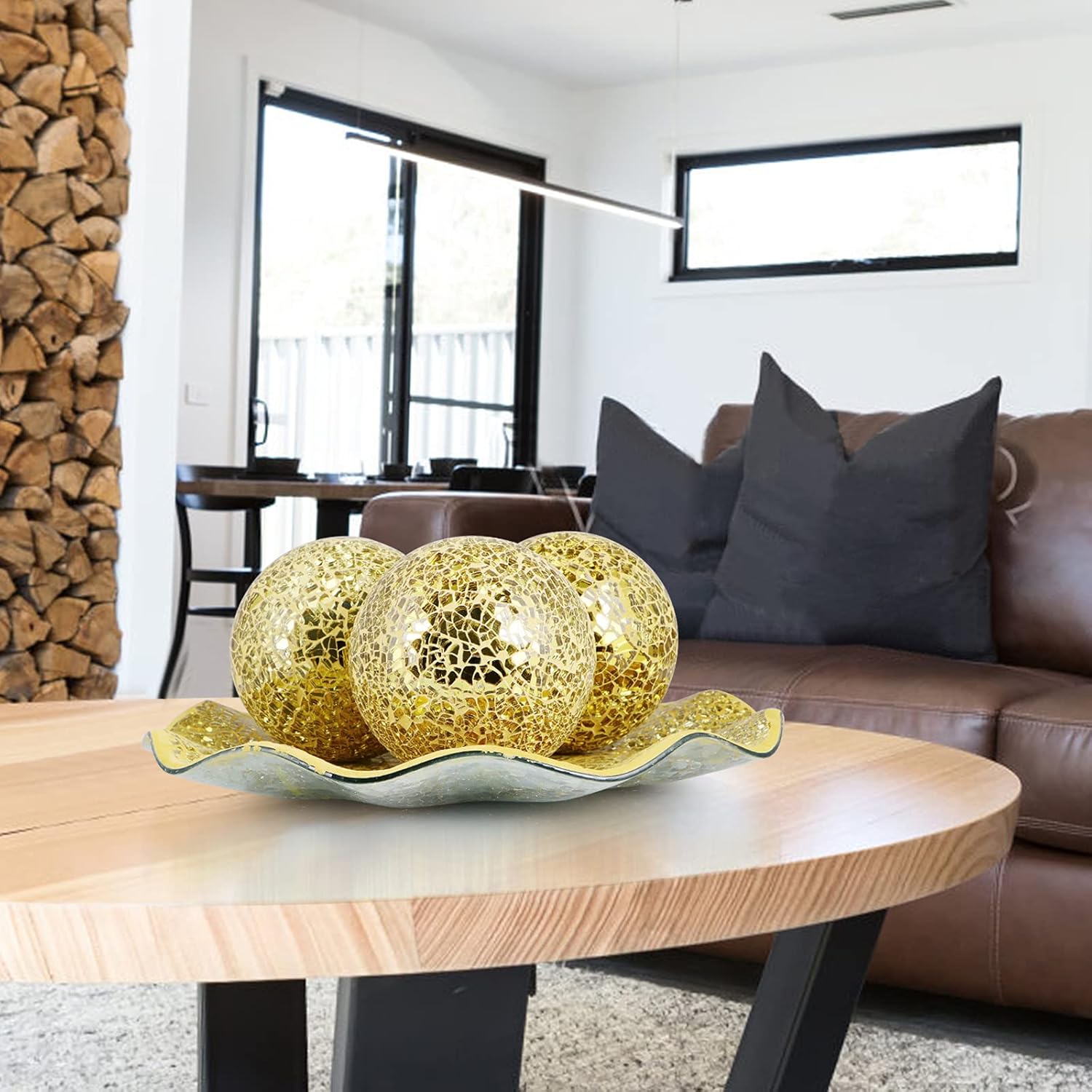 MDLUU Centerpiece Bowl and Balls Set, Mosaic Tray with 3 Pieces Spheres, 12" Decorative Plate with 4" Mosaic Orbs for Home Decor, Gift (Gold)