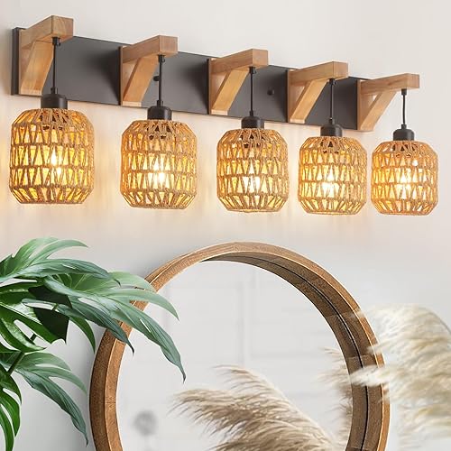 5-Light Bathroom Vanity Light Fixtures, Rustic Style Rattan Vanity Lights