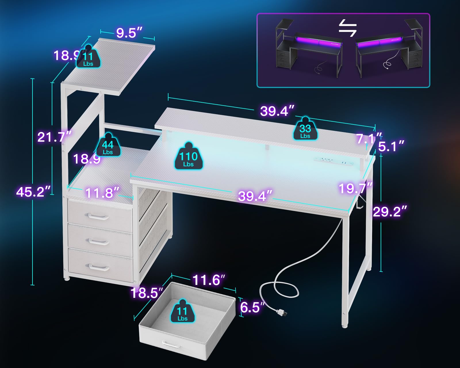 AODK 59 Inch Gaming Desk with USB Charging Ports & LED Light- Reversible Computer Desk with Storage Shelves & Monitor Stand, Modern Gamer Desk Table with Fabric Drawers & Side Hook, Carbon Fiber Pink