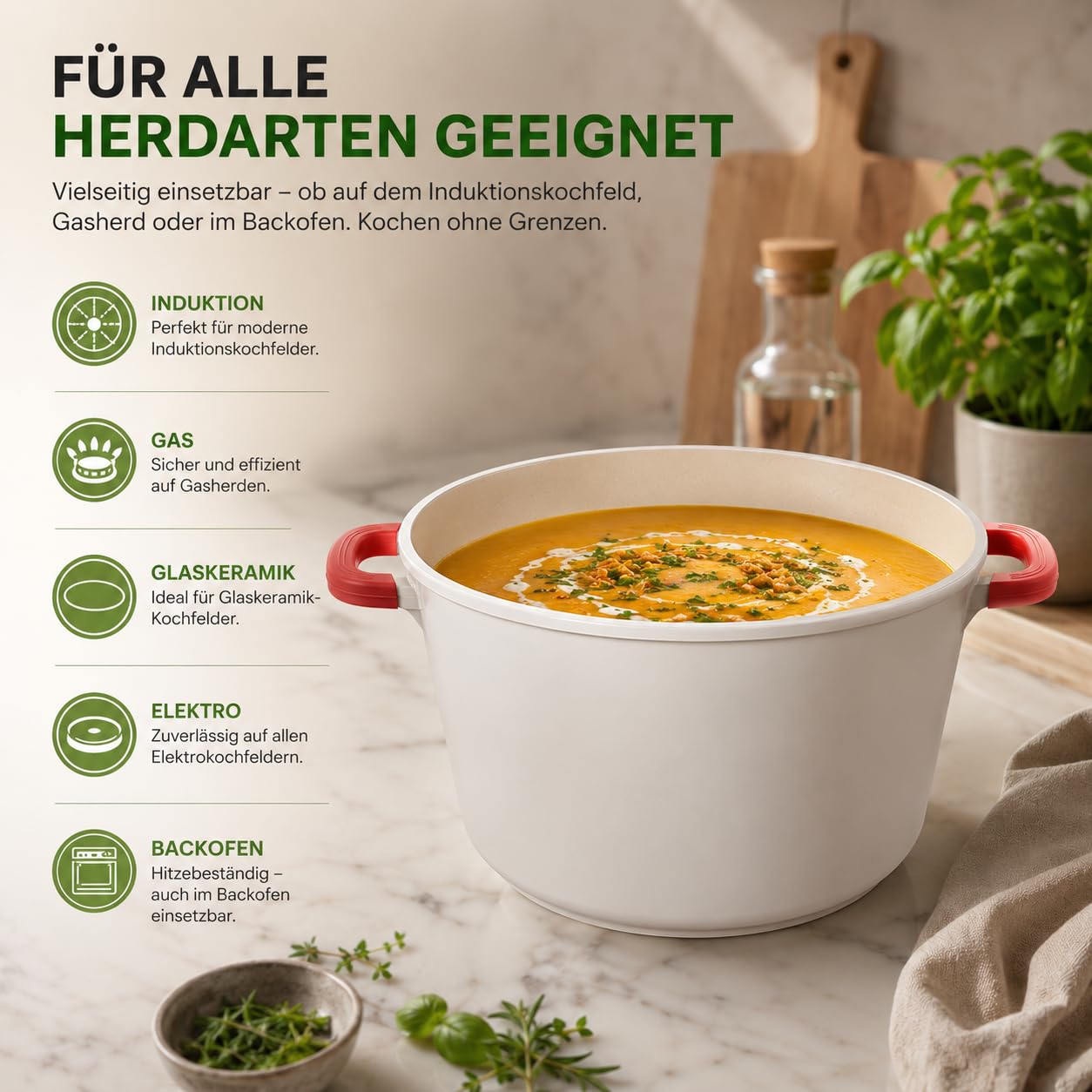 Royal Swiss Suppentopf 6,2 liter Ø24 cm cream white, Antihaft Kochtopf mit Glasdeckel, Abnehmbaren Griffen, Induktion Gas Elektro Keramik Halogen, Backofenfest Ohne Griffe