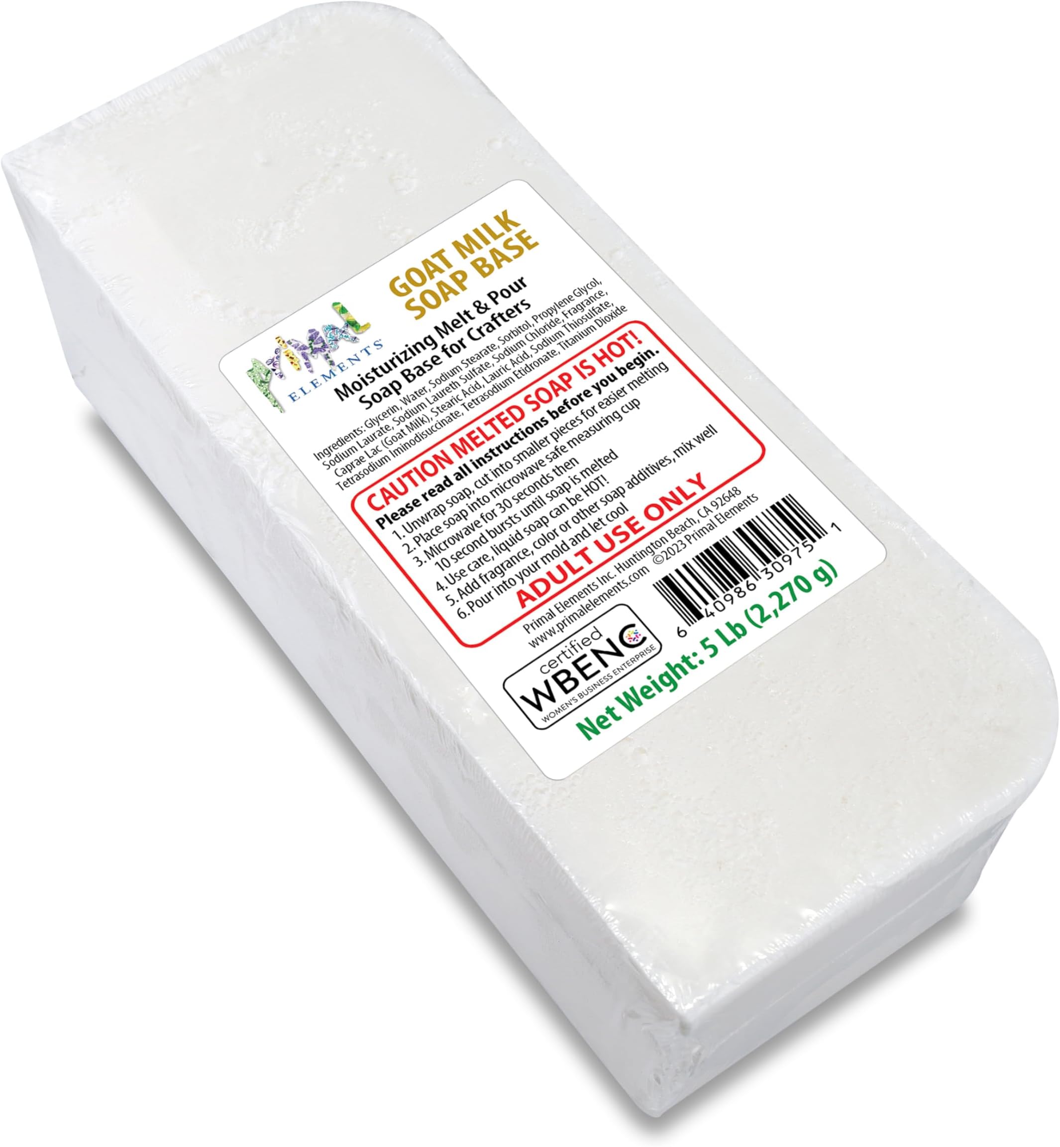 Primal Elements Goat Milk Soap Base - Moisturizing Melt and Pour Glycerin Soap Base for Crafting and Soap Making, Easy to Cut - 5 Pound