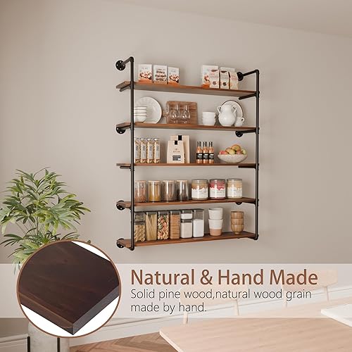 Miniatura 6 de Estante industrial de tubo de hierro de 5 niveles, estantería de tubo de 48 pulgadas con tablón de madera maciza, estantes abiertos para libros,