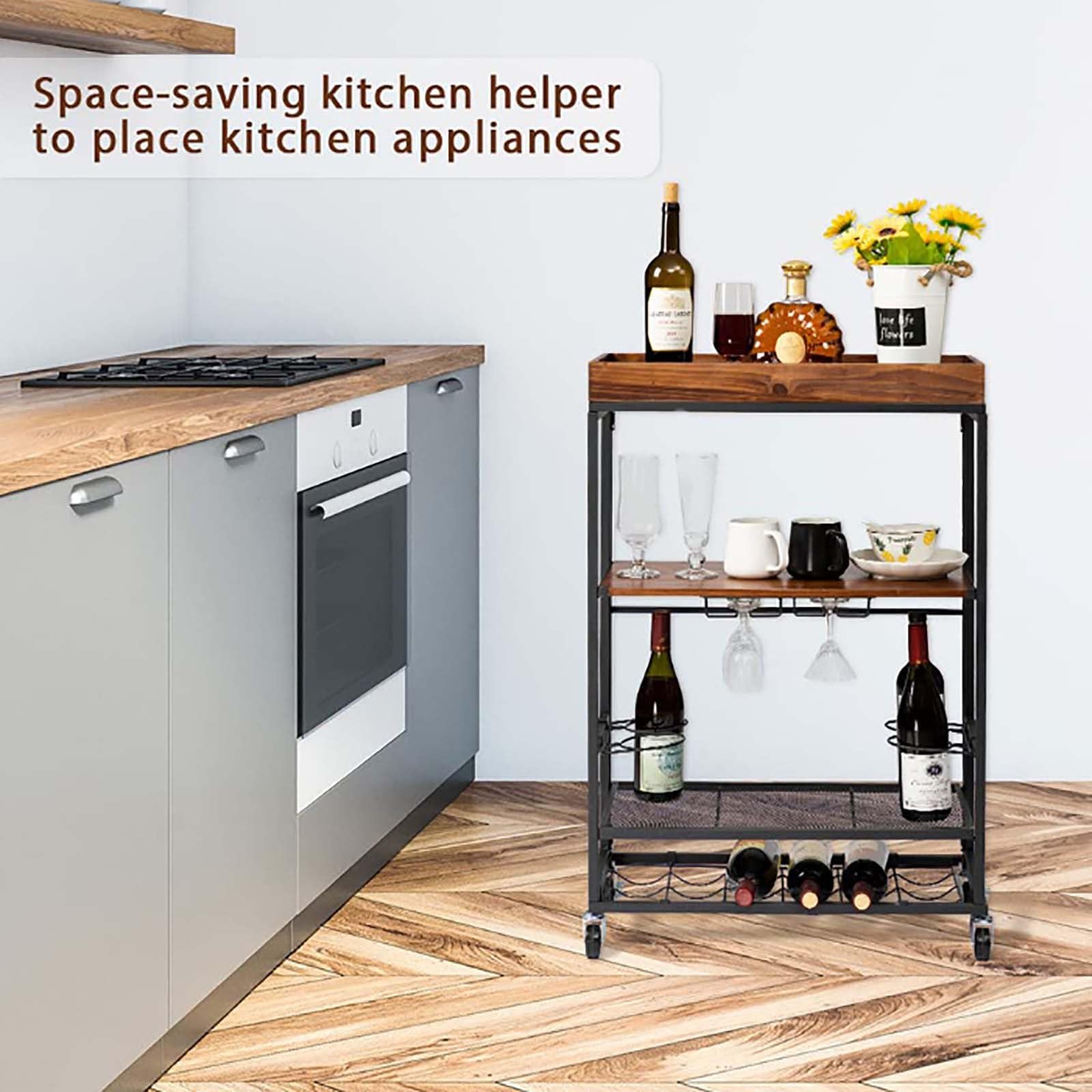 Carrello per Bevande, Carrello Bar a 4 Ripiani, Carrello per servire Il tè su Ruote bloccabili, portabottiglie Indipendente per Sala da Pranzo e Soggiorno