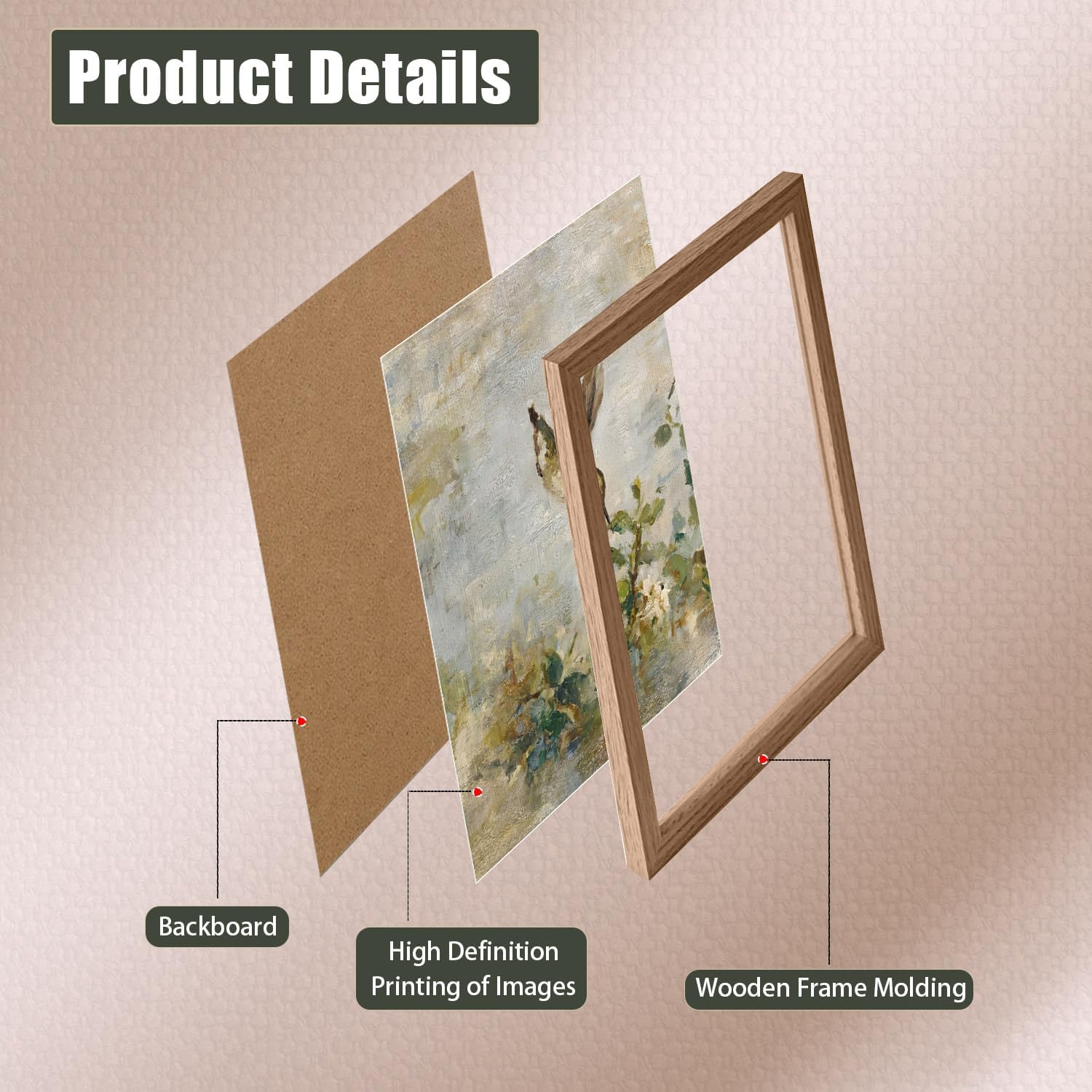 Vintage Botanical Canvas Wall Art Framed Hummingbird Artwork 16x12 Inch image 5
