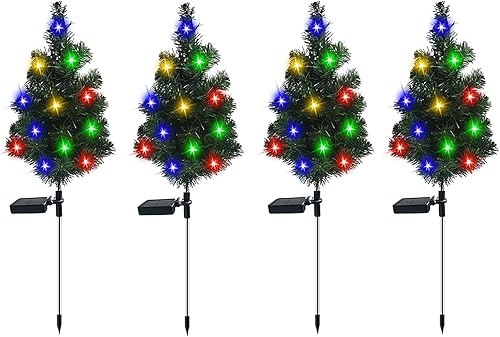 Paquete de 4 luces solares para árbol de Navidad para jardín, árbol de Navidad, luces solares para caminos de paisaje, luces de camino de Navidad