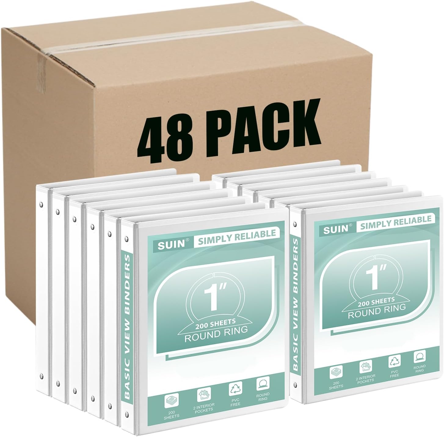  Basic 1-Inch 3-Ring-Binder, Customizable Clear View Cover, for US Letter Size 8-1/2 x 11'', Perfect for Office/School (White - 48 Packs)