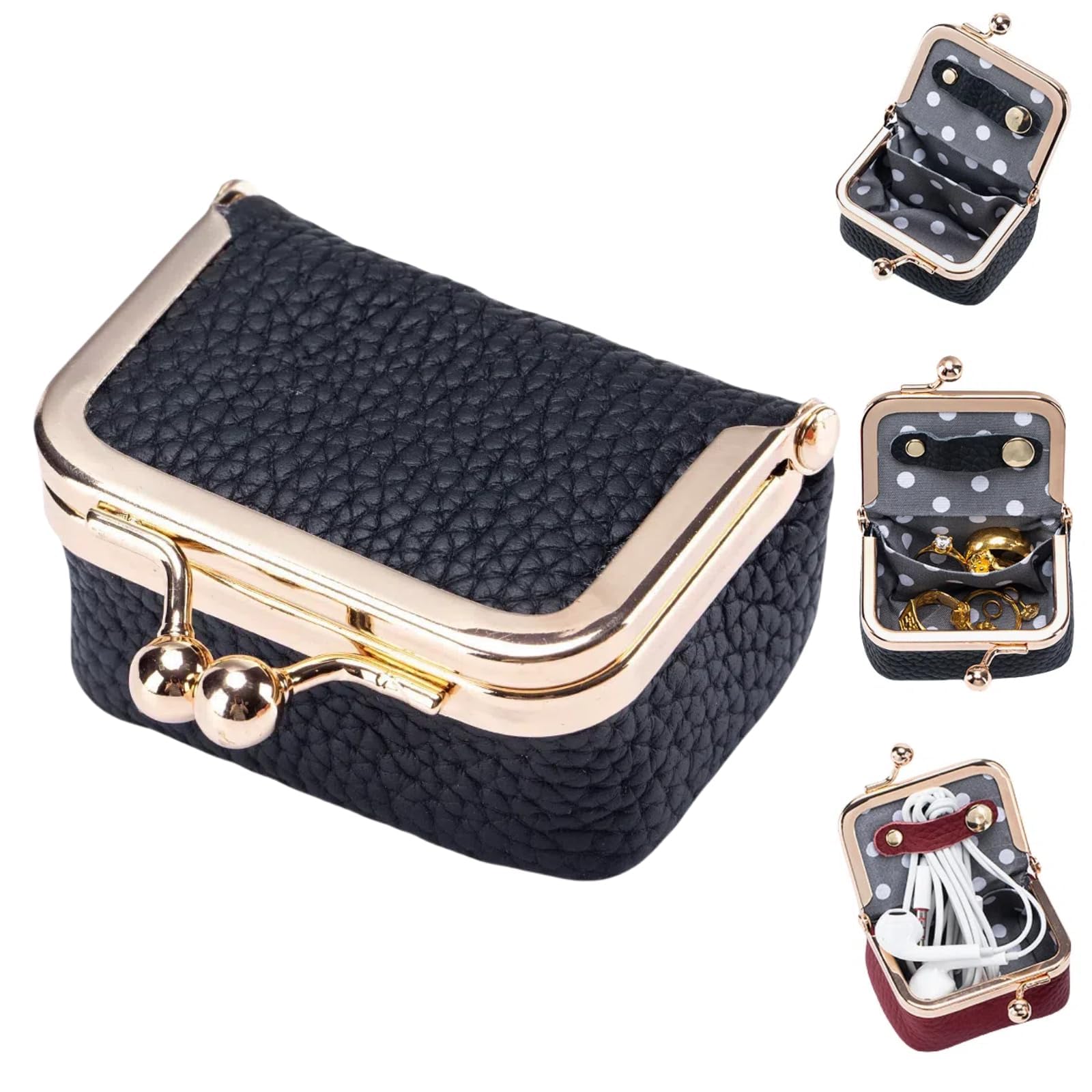 Genuine Leather Mini Jewelry Box - Portable Travel Jewelry Organizer Case for Women, Vintage-Inspired Coin Purse with Kiss Lock, Storage for Rings, Earrings, Necklaces, Bracelets (Black)