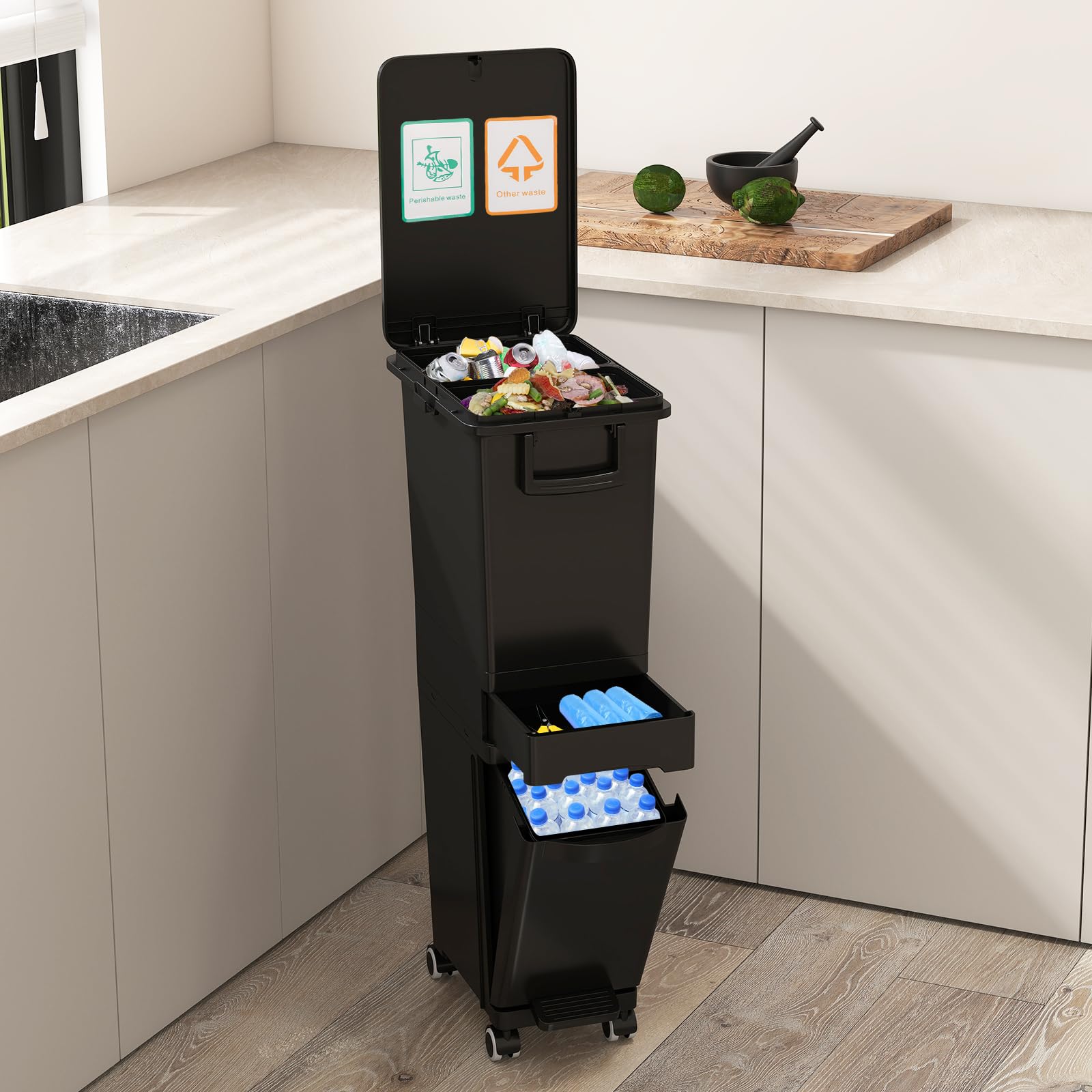 GIANTEX Cubo de Basura Estrecho 3 en 1 con Ruedas, 2 Compartimentos Extraíbles, Cajón Pequeño y Contenedor Inclinable, Bote de Basura con Gancho Laterales, Papelera de Reciclaje de Cocina (Negro)