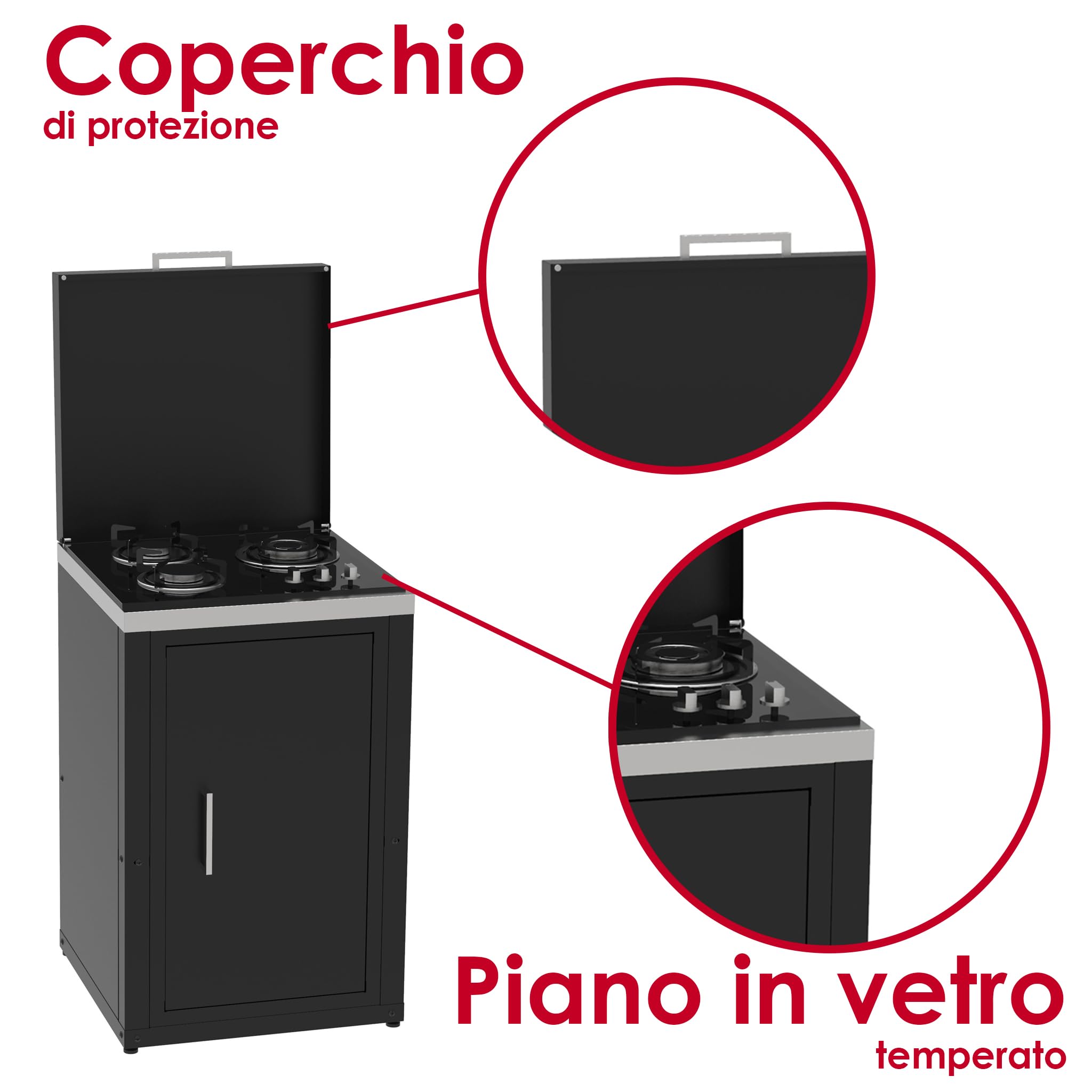 Set Cucina da Esterno a Gas 2 Elementi con Lavello Rubinetto e tagliere incassato - Struttura in Acciaio e Piano in Acciaio Inox - Nero