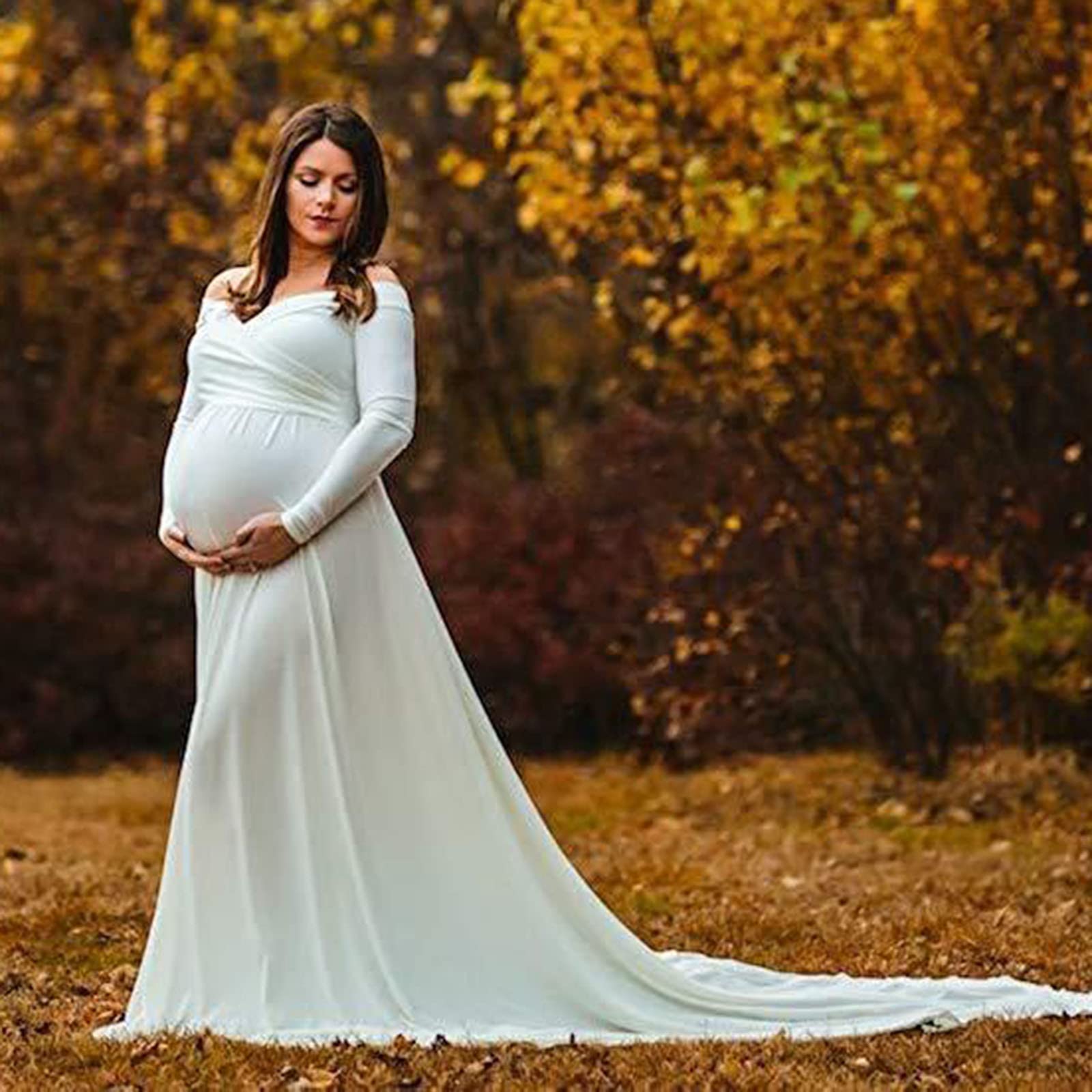 Robe Maternité Shooting Photo Bustier Col en V Sexy Manches Longues Robe Femme Enceinte Grande Taille Pas Cher Robe Grossesse Mariage Ceremonie Soiree Cocktail Chic Et Elegant