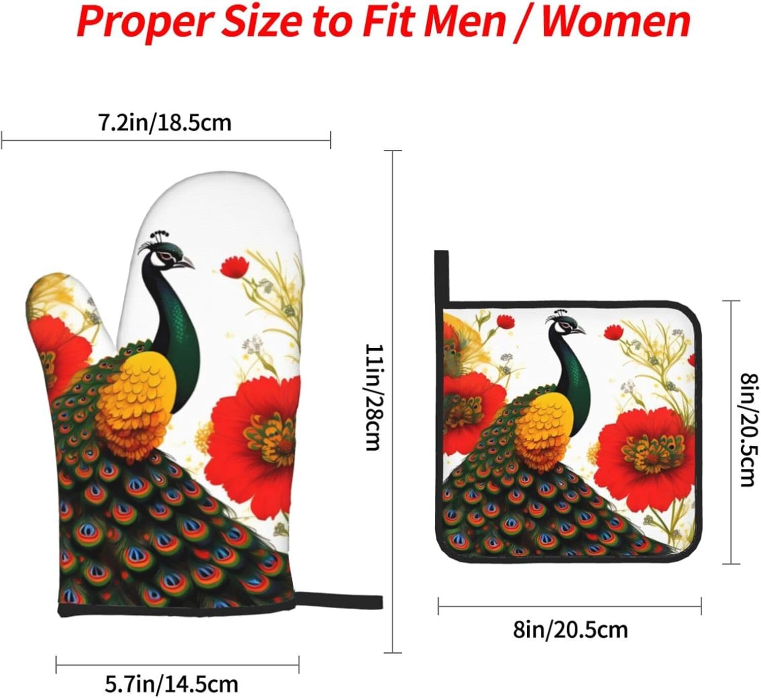 Peacock Red flower Oven gloves and heat-resistant mat 4-piece set. Suitable for grilling, microwave oven frying, and baking