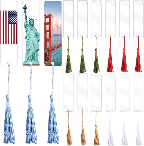 Leery 30 marcapáginas de acrílico transparente, 15 marcadores rectangulares de plástico para manualidades con 15 mini borlas coloridas para