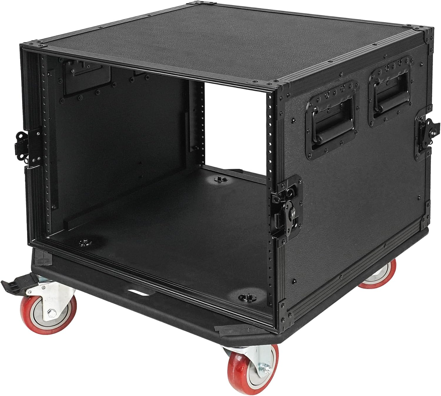 Sound Town Black Series 8U PA/DJ Rack/Road Case with 8-Space, All-Black Anodized Hardware, Plywood, Casters, and 21” Rackable Depth - Pro Tour Grade (STRC-B8UW)
